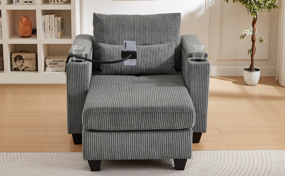 NEW Convertible Chaise Lounge Sofa Chair Corduroy Sleeper with USB Ports Cup Holders and Storage