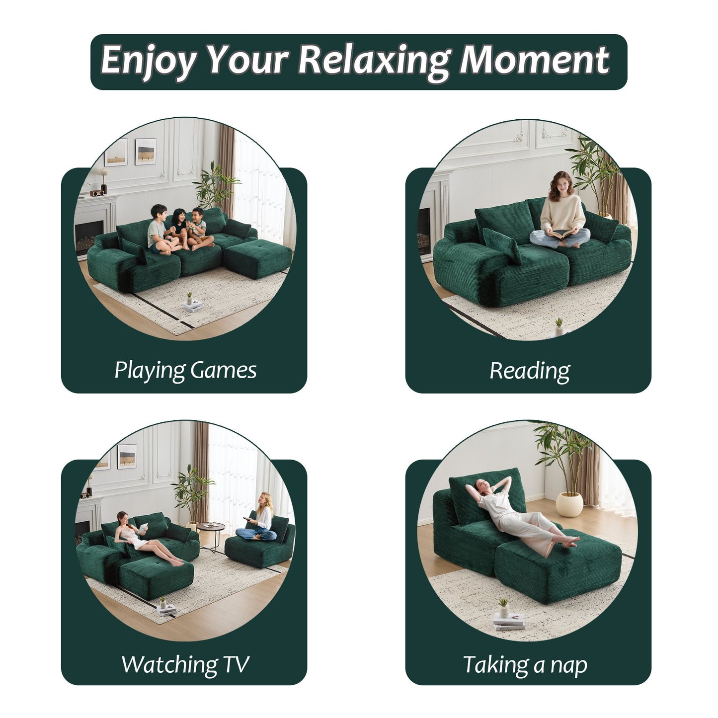 NEW Modern Memory Foam Compressed Sofa,Large Sectional Couches for Living Room,Pet-Friendly Cloud Modular Sectional Sofa,Corduroy Fabric,Extra Deep Loveseat,No assembly required,Green