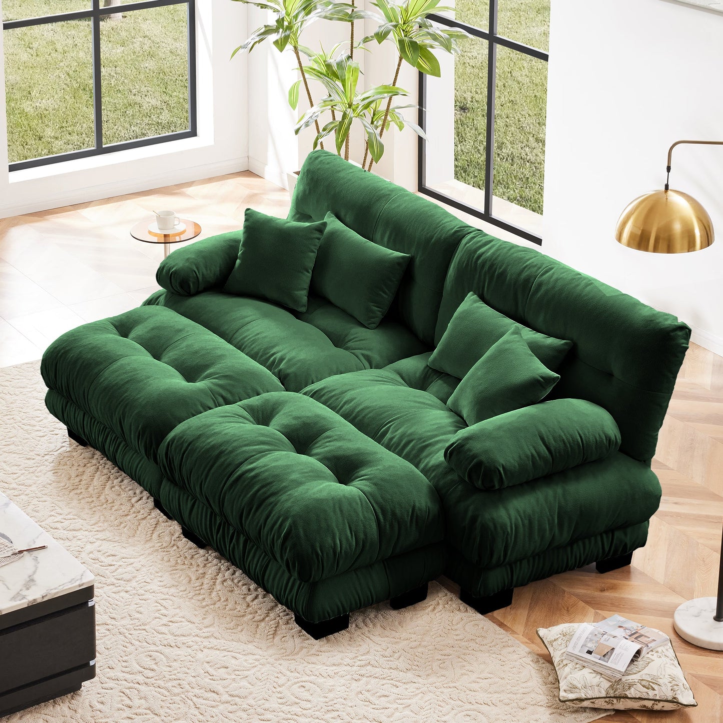NEW Cloud Couch Sleeper Sofa for Living Room, Chenille 2 Seater sofa with 2 Lumbar pillows and 2 throw pillows , Upholstered Wide Arm Sofa with 2 Ottomans,Chenille Green