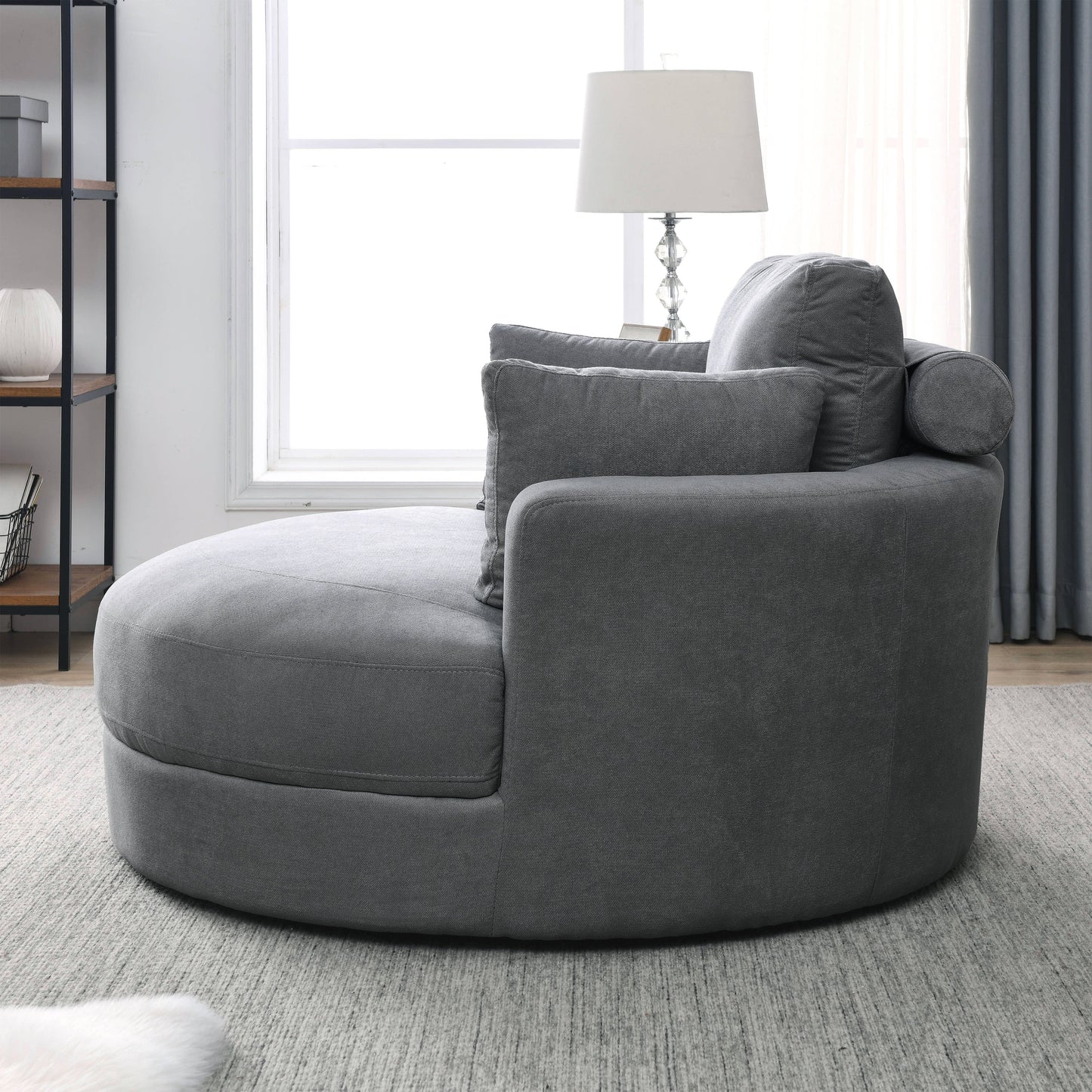 NEW Welike Swivel Accent Barrel Modern Dark Grey Sofa Lounge Club Big Round Chair with Storage Ottoman and Pillows