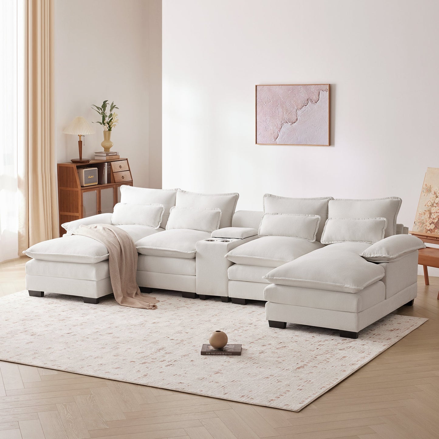 NEW Modern Chenille White 6-seat Upholstered U-shaped Sofa with Console Cupholders & USB Ports