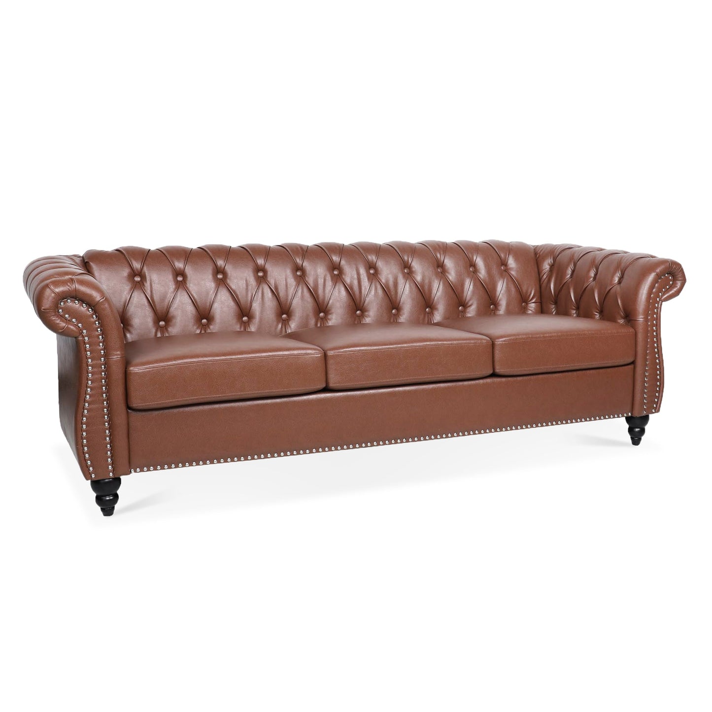 NEW Classic Chesterfield Three Seater Sofa Brown PU Leather with Rolled Arms and Birch Legs 84.65 Inches