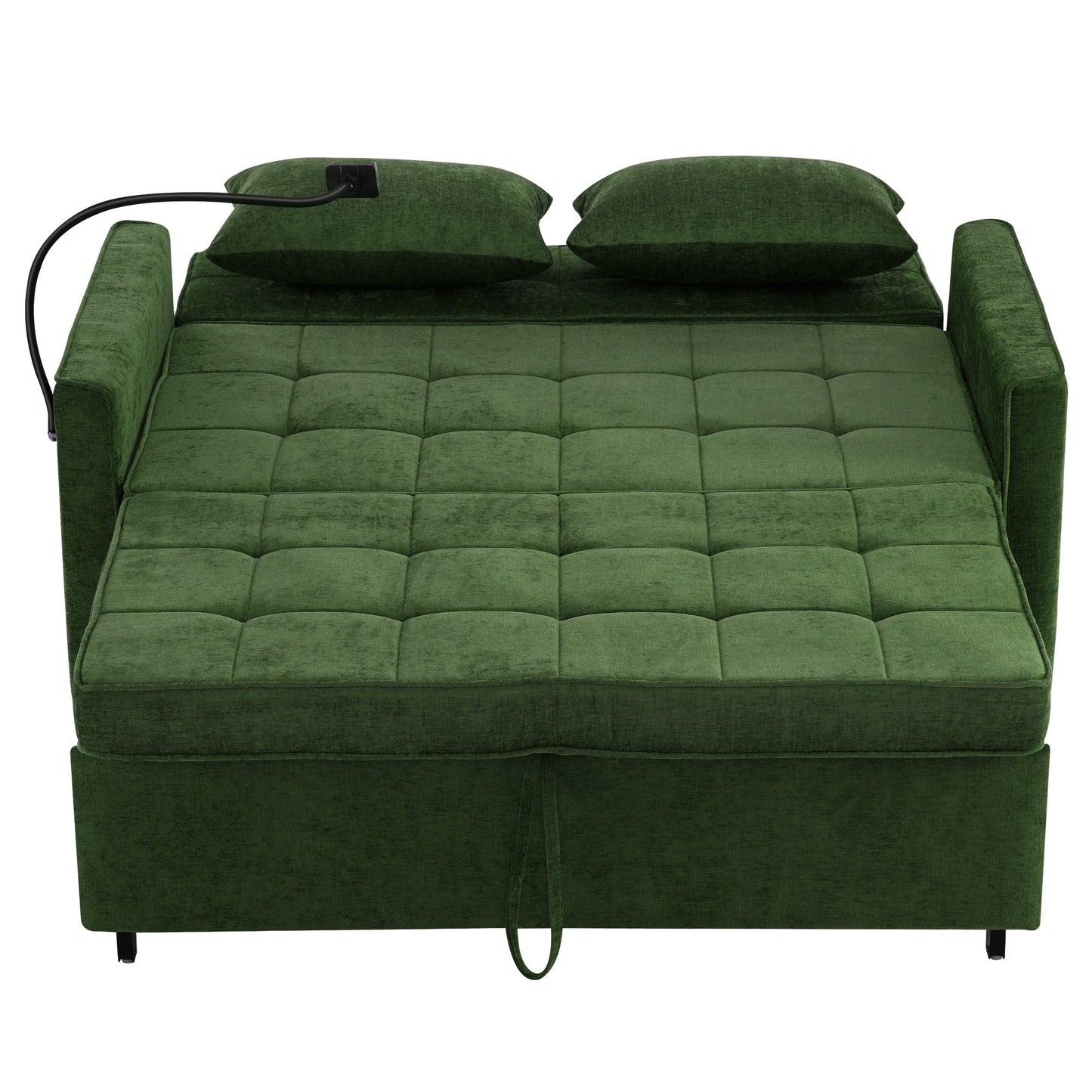 NEW 56.9' Convertible Loveseat Sofa Bed with Adjustable Backrest, USB Ports, Phone Holder, Side Pockets, Green Chenille,