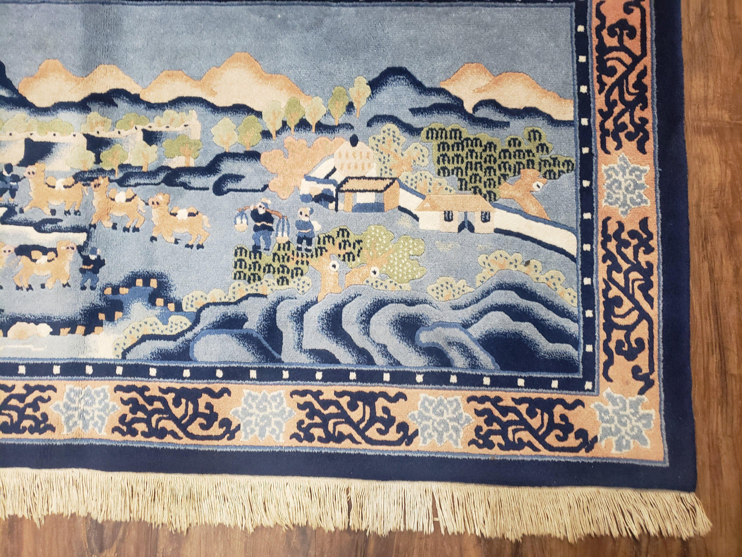 USED Vintage Chinese Pictorial Rug 2'4" x 4' 7", Chinese Village, Wool Hand-Knotted Blue & Teal Fine Carpet, Tapestry Rug, Woven Wall Art