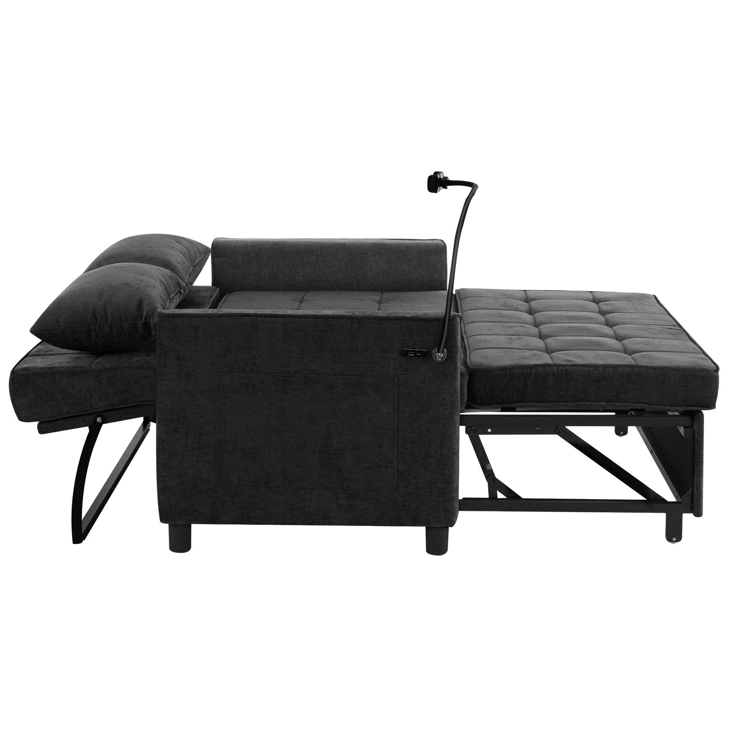 NEW Contemporary 56.9' Loveseat Sofa Bed Sleeper with Reversible Backrest, Side Pockets, USB Ports, Phone Holder, Black Chenille