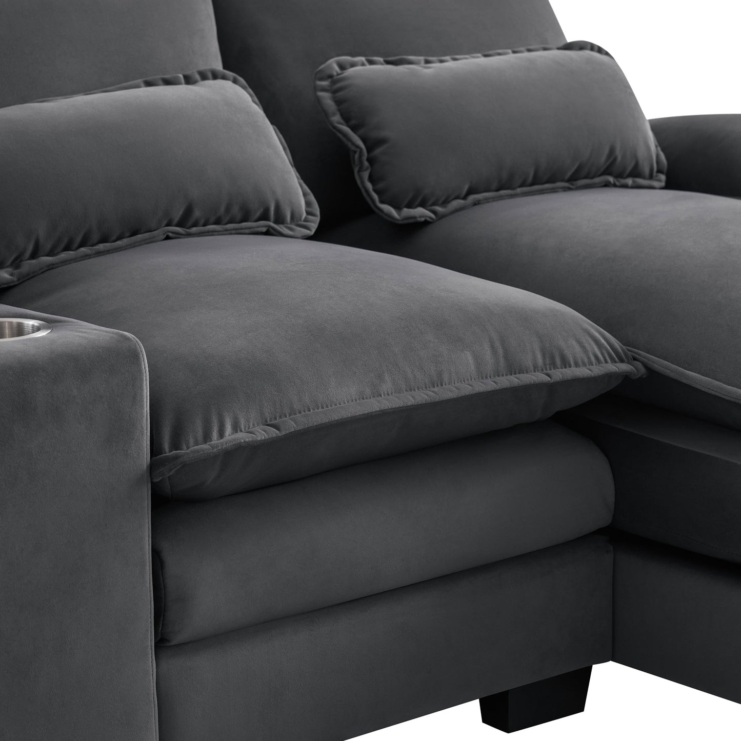 NEW Modern Gray Velvet Upholstered U-shaped 6-Seat Sofa with Console Cupholders and USB Ports
