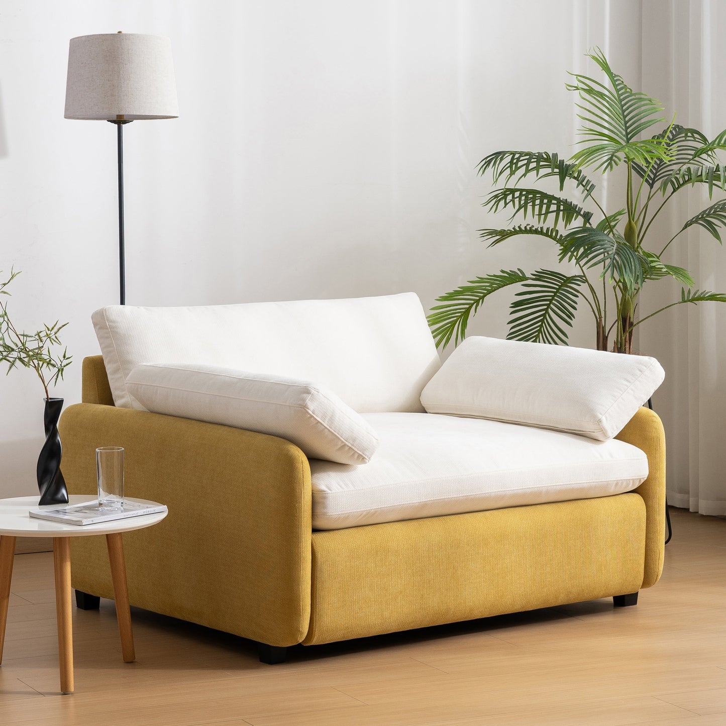 NEW Modern Oversized Chenille Armchair with Color Blocking and Pillows, 50*43' in Cream and Yellow