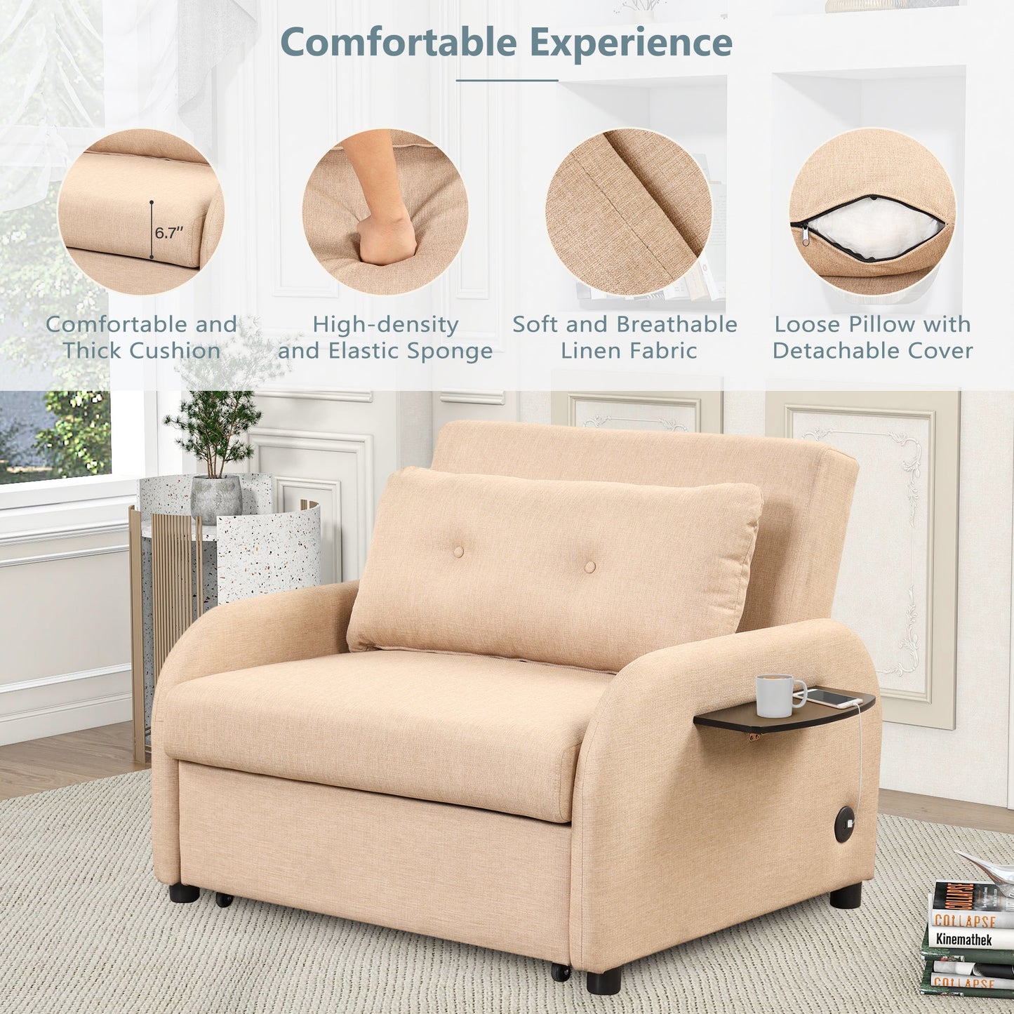 NEW Versatile Pull Out Sofa Sleeper 3 in 1 with Wing Table & USB Charge, Beige Linen, Compact Design