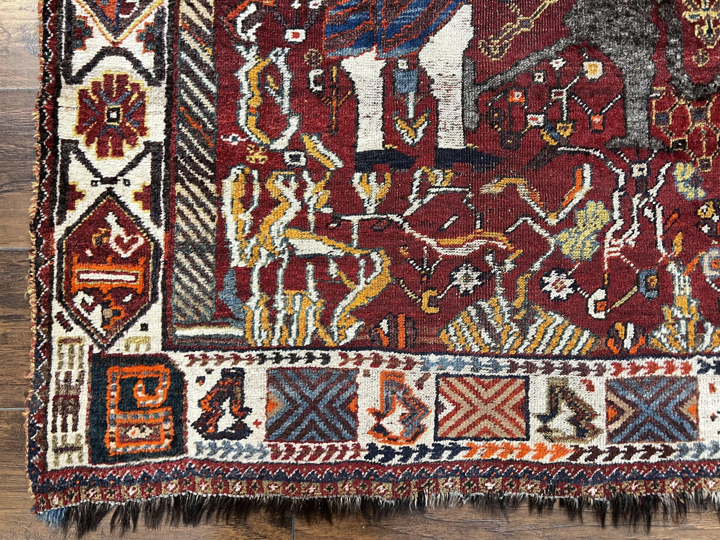 USED Antique Persian Shiraz Pictorial Rug 3.6 x 5, Persian Tribal Rug, Handmade, Lions, Highly Unique Collectible Small Persian Carpet, Maroon, Wool