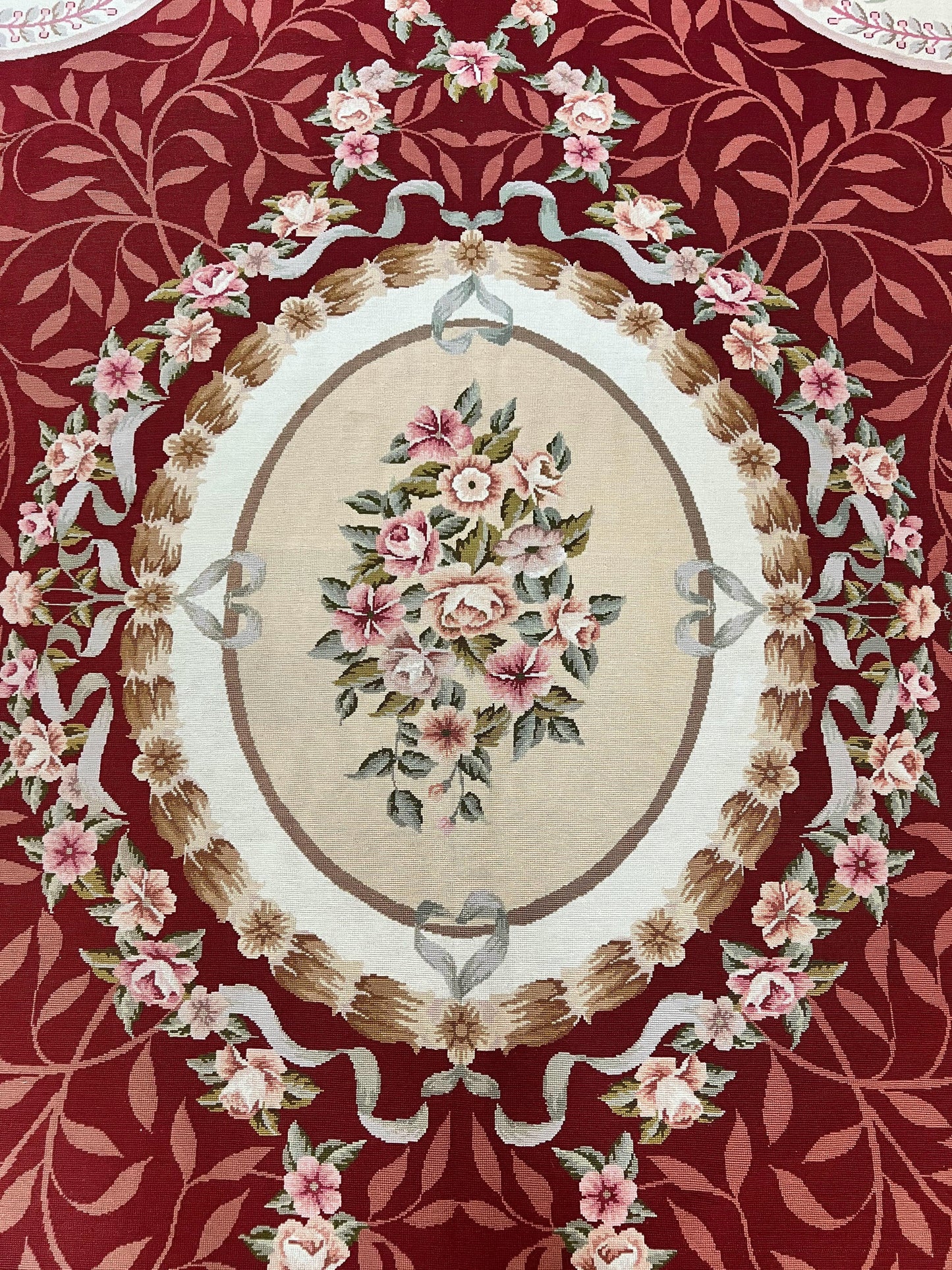 USED Wonderful Aubusson Rug 9x12, Handmade Vintage Needlepoint Carpet, Red and Ivory, Elegant European Design, Wool