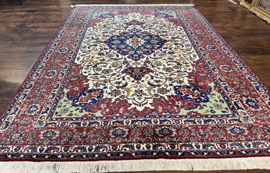 USED Wonderful Persian Isfahan Rug 7x9, Ivory Navy Blue Red, Floral Medallion, Very Finely Hand Knotted 260 KPSI, Handmade Wool Vintage Rug