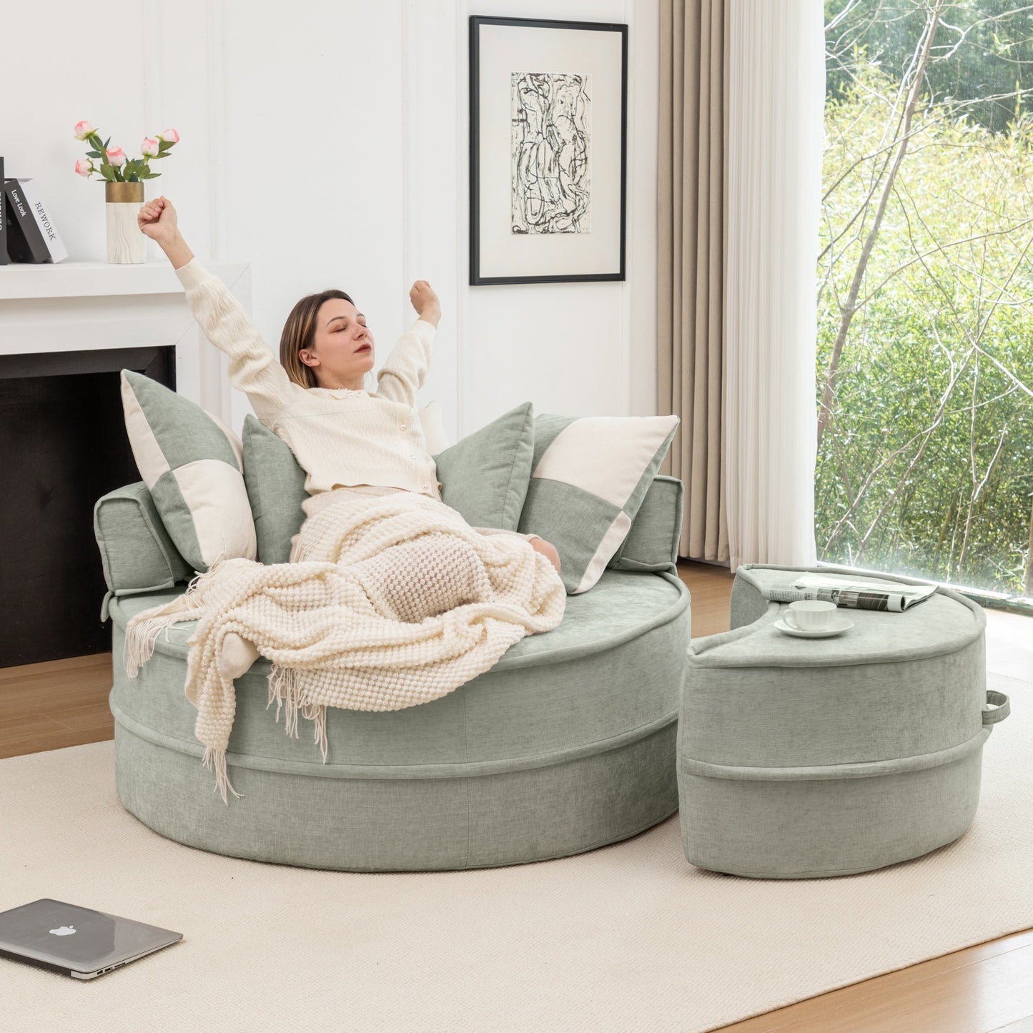 NEW Modern Oversized Blue Round Barrel Accent Chair with Ottoman - Velvet Upholstered Lounge Armchair with 5 Pillows for Living Room or Bedroom