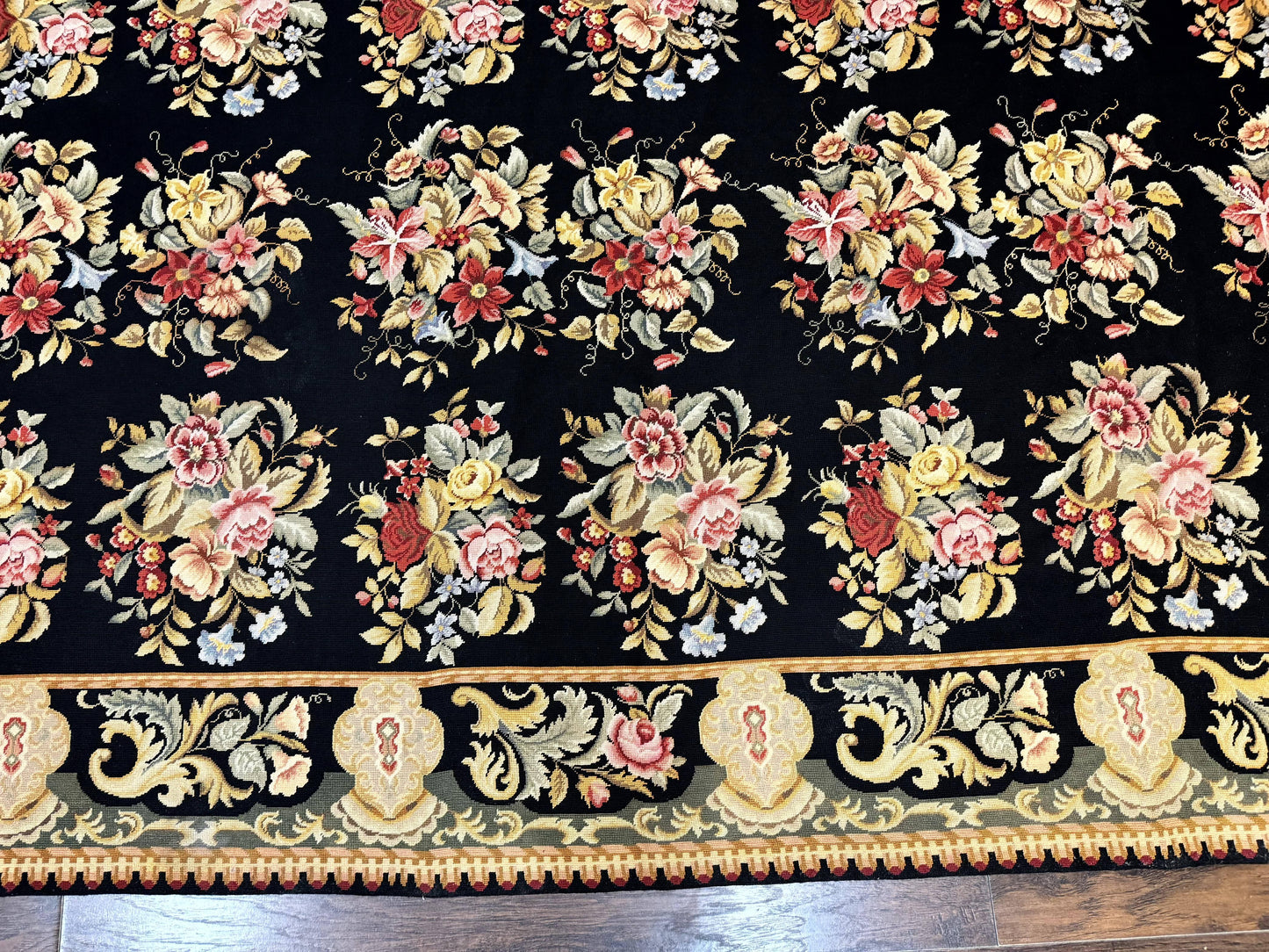 USED Palace Size Needlepoint Rug 12x16, Black and Colorful, Floral Panel, Handmade Oversized Wool Needlepoint Carpet, Rare