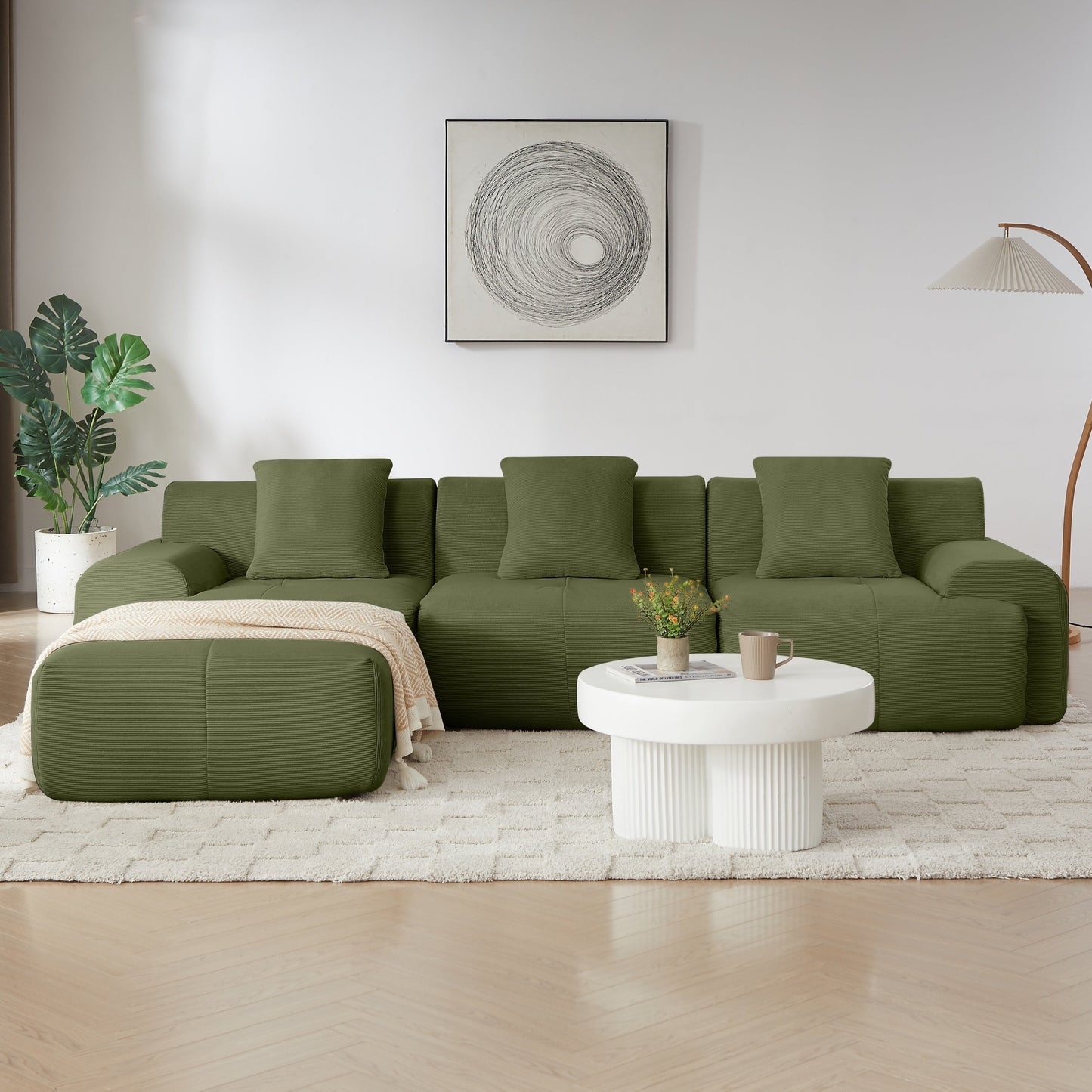 NEW Modern L-Shaped Modular Sectional Sofa in Green Corduroy, 113' Oversized 3-Seater with Deep Seat and Movable Ottoman – No Assembly Required