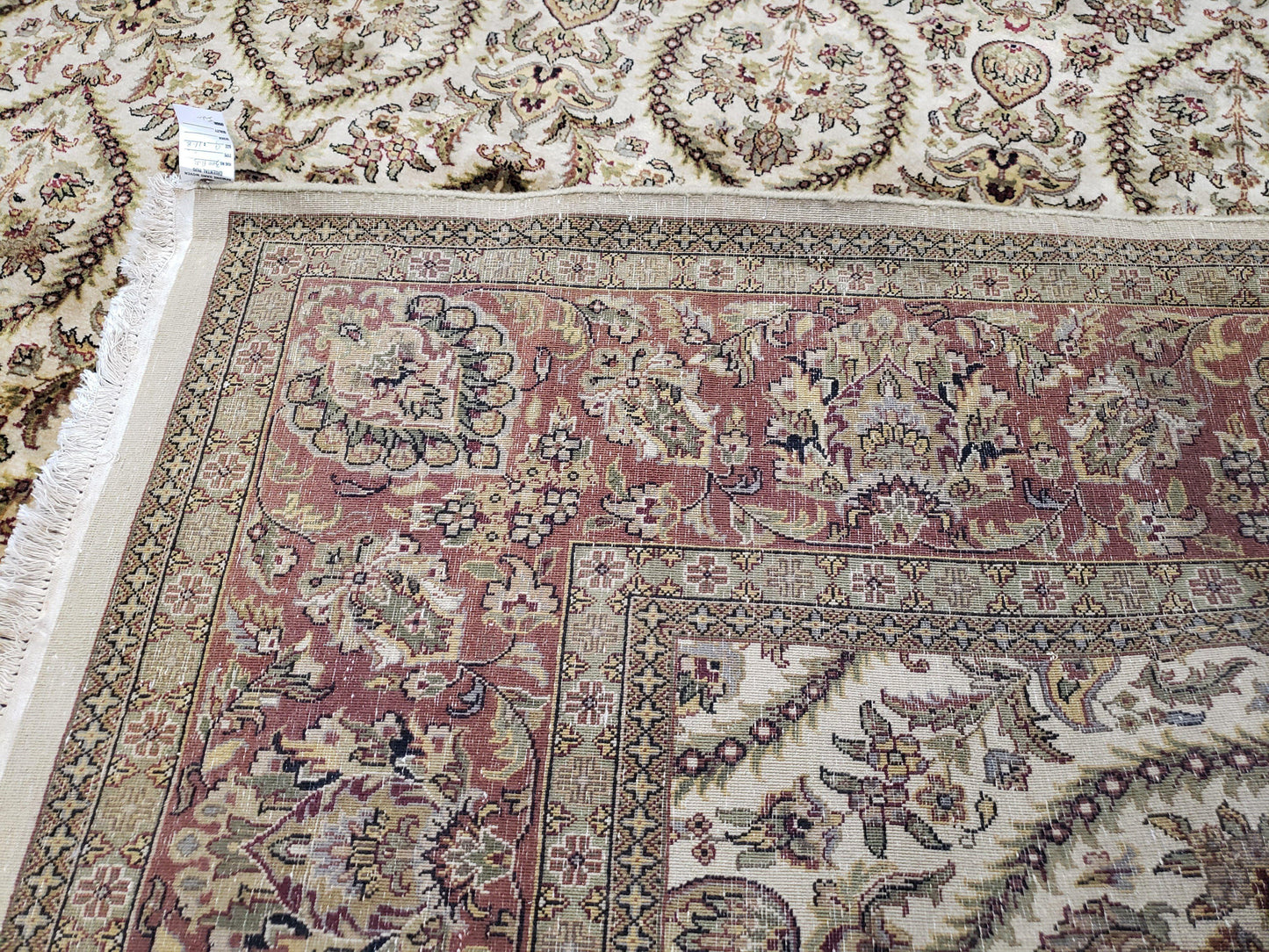 USED Vintage Indo Persian Area Rug 9x12, Wool Hand-Knotted Ivory & Dark Red Oriental Carpet, Fine Weave 9 x 12 Indian Rug, Dining Room Rug