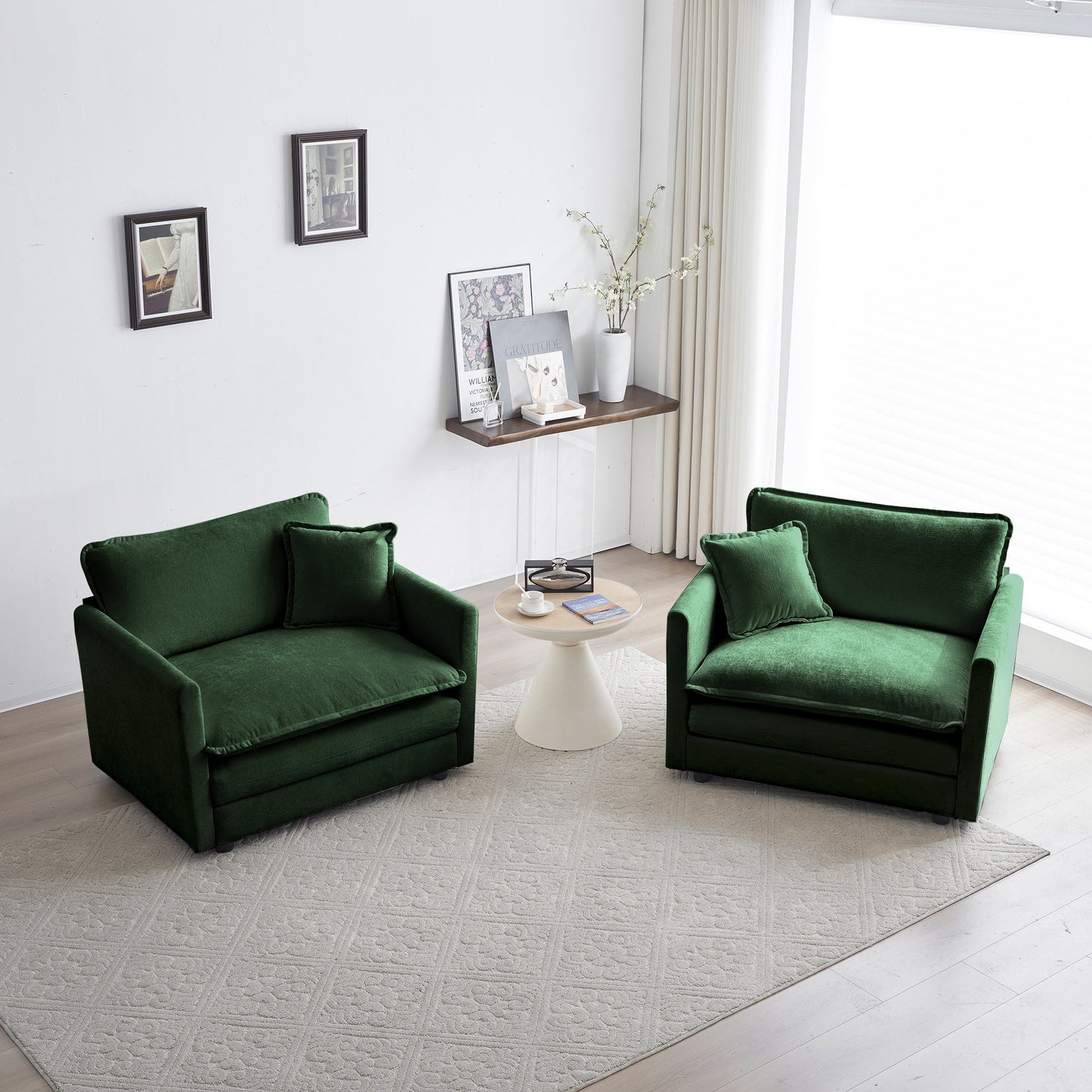 NEW Green Chenille 2pc High-end Chenille Upholstered Accent Side Arm Chairs with Toss Pillow