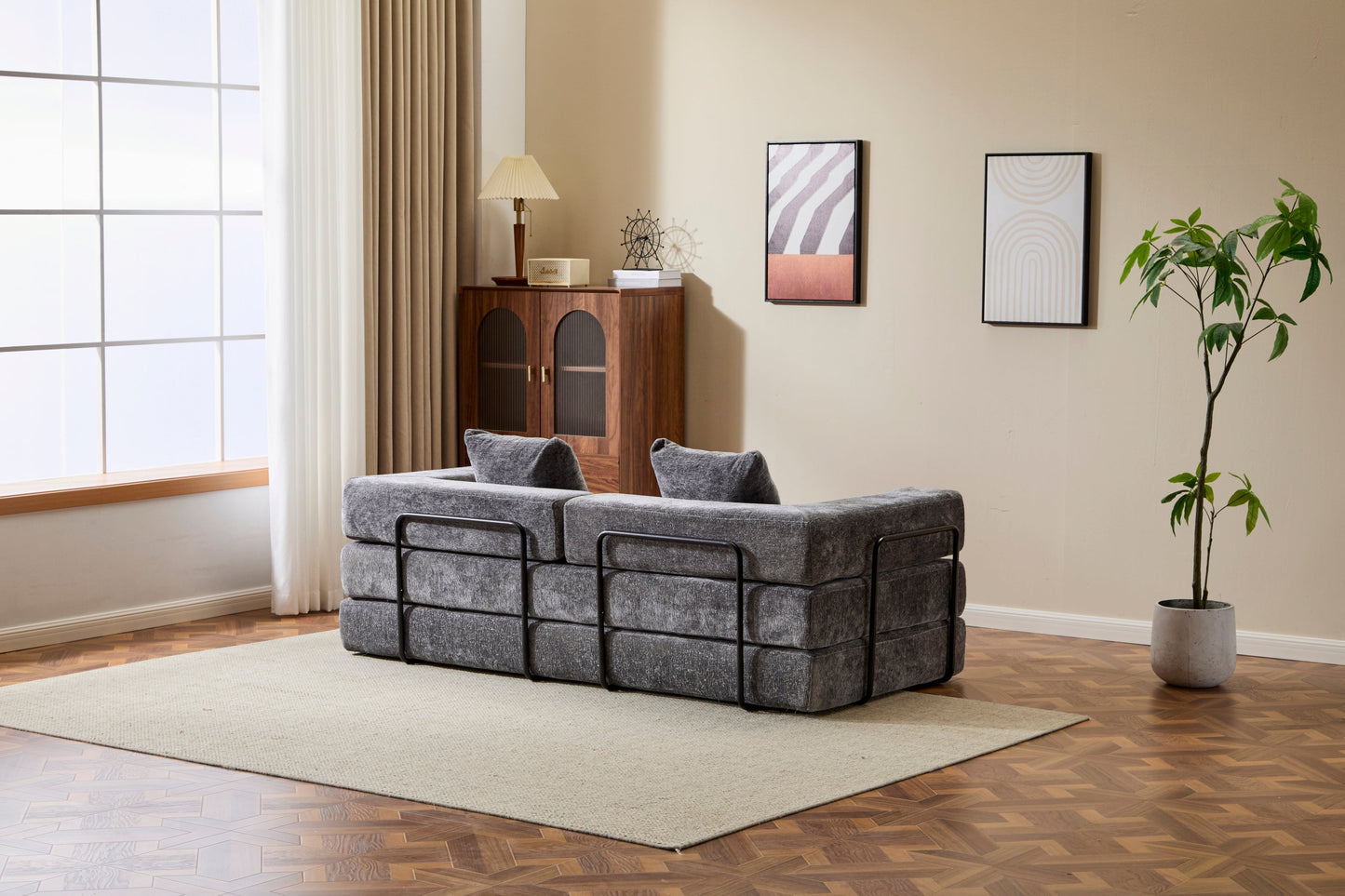 NEW Floor Couch,Compression Sofa,Convertible Floor Sofa Bed-with Pillow Back Support Armrest,Comfy Futon Couch Lounge Sleeper Bed,Chenile fabric,for Living Room Bedroom (DARK-GREY)