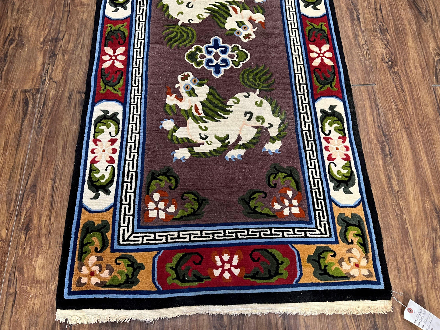 USED Chinese Art Deco Rug 3 x 5.5 with Animal Pictorials, Vintage Chinese Peking Wool Area Rug, Dark Puce Maroon Ivory, Hand Knotted Soft Carpet