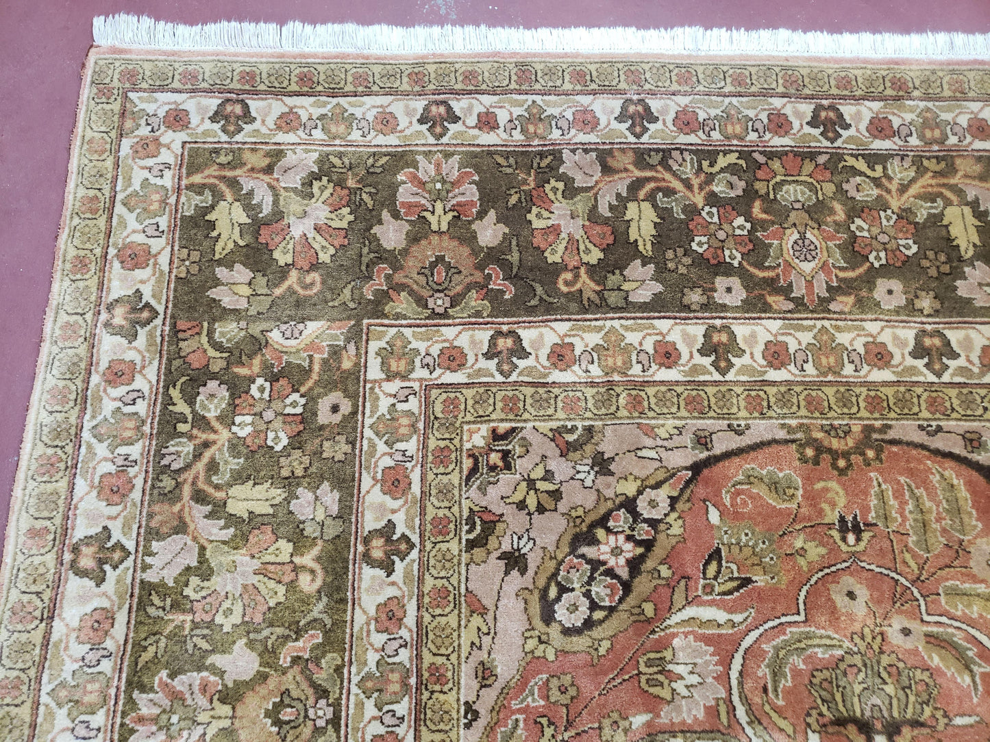 USED Indo Persian Rug 8x10, Vintage Indian Rug 8 x 10, Fine Hand-Knotted Wool Rug, Rose Clay Red Beige Brown Handmade Area Rug, Floral Medallion