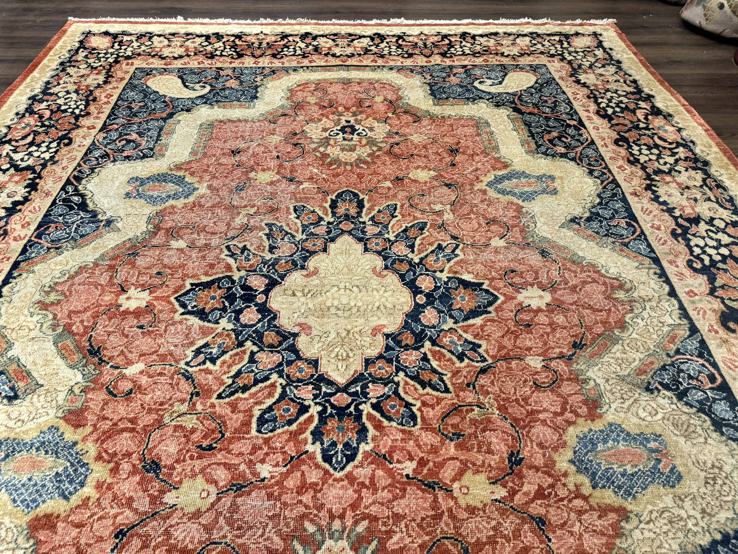 USED Antique Persian Sarouk Rug 9x12, Boteh Paisleys, Light Red Navy Blue