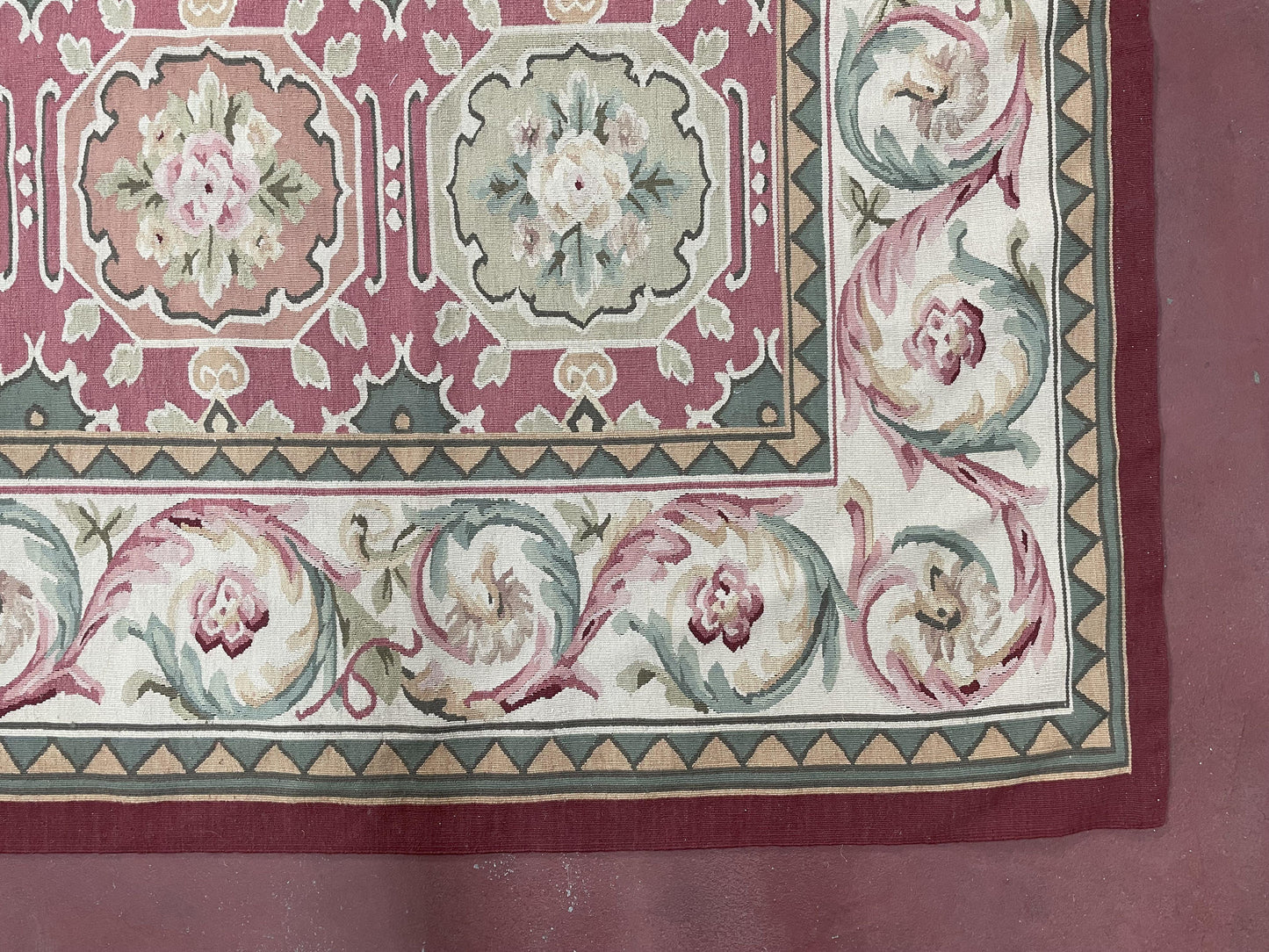 USED Square Aubusson Rug 9x9, Panel Design, European French English Carpet, Wool