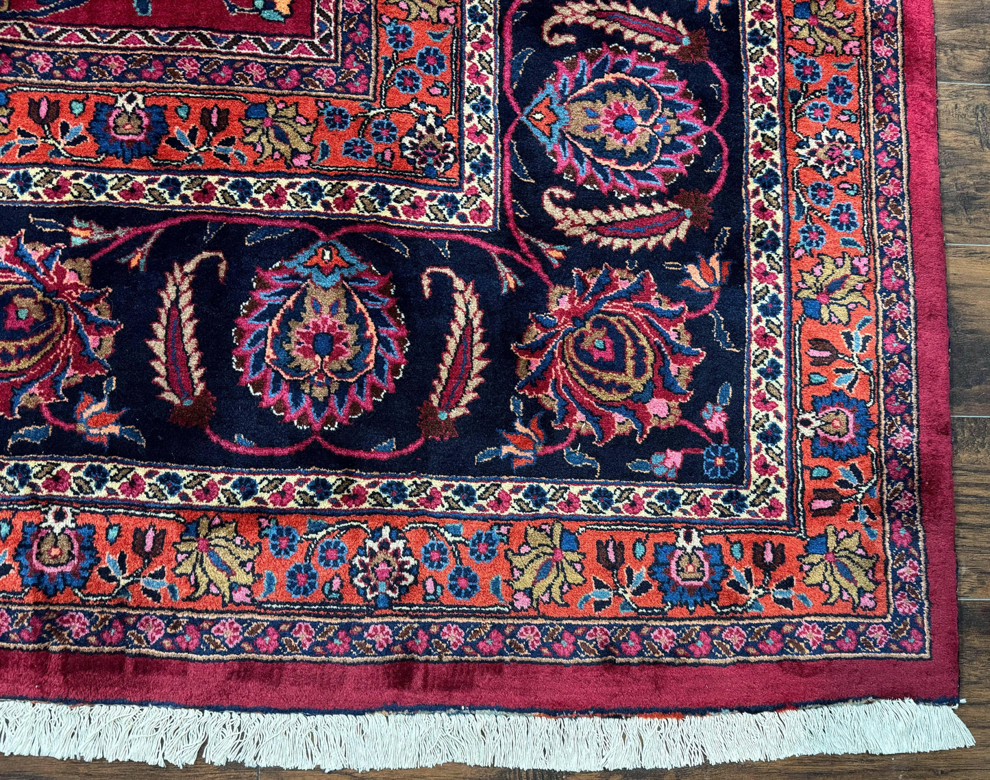 USED Palace Size Persian Mashad Rug 12x16, Raspberry and Navy Blue, Signature from Master Weaver, Antique Handmade Large Wool Carpet
