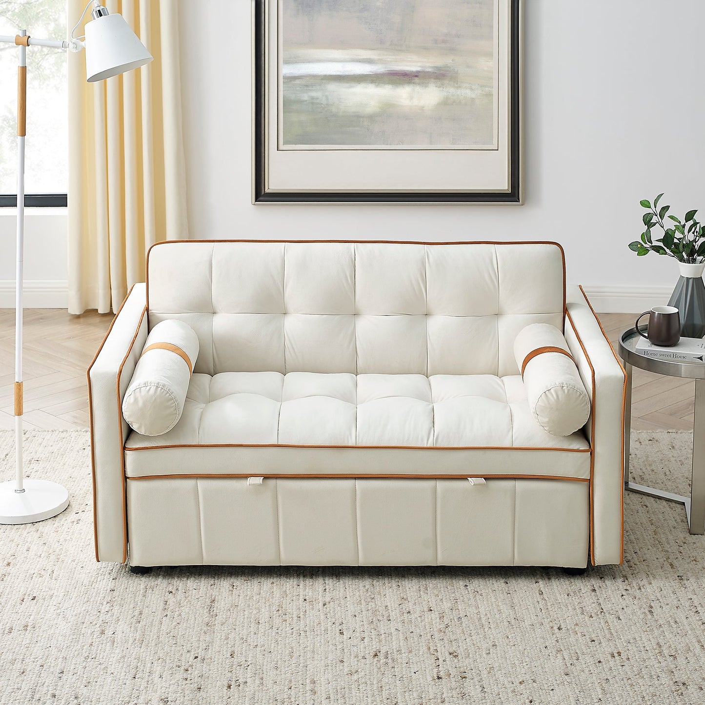 NEW Modern 55.5' Pull Out Sleep Sofa Bed 2 Seater Loveseats Couch with Side Pockets and Adjustable Backrest