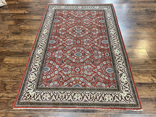USED Red Persian Qum Rug 5 x 7.6, Hand Knotted Vintage Wool Fine Carpet 270 KPSI, Floral Allover