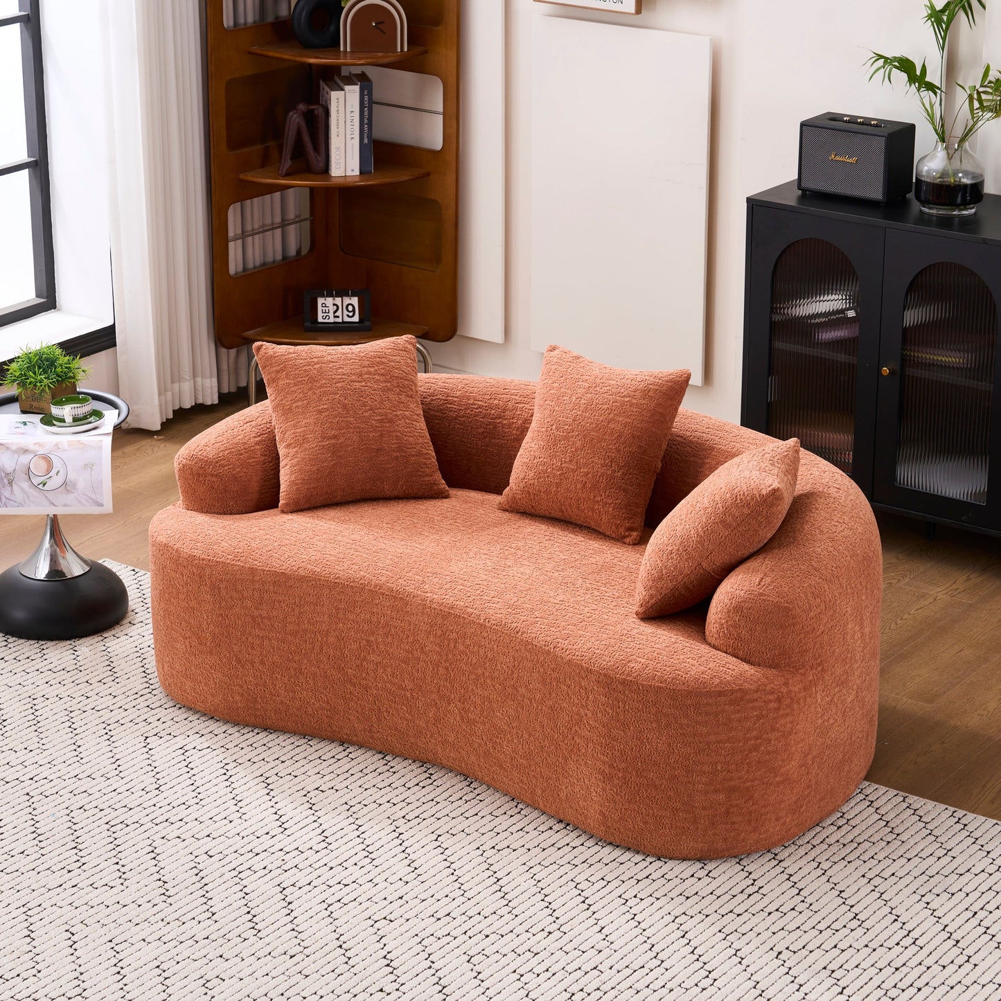 NEW LY-025S Coral Curved Loveseat Compressed Chenille Small Sofa with 3 Pillows