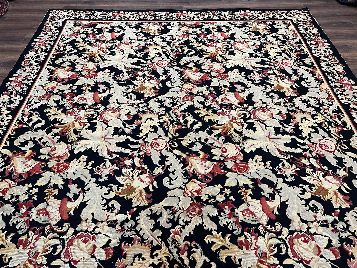 USED Wool Needlepoint Rug 9x12, William Morris Vintage Chinese Needlepoint Carpet 9 x 12, Handwoven, Allover Floral Area Rug, Black Light Green