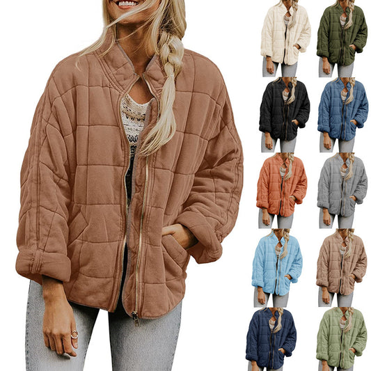 New Winter Zip-up Stand Collar Coat With Pockets Fashion Solid Color Plaid Long Sleeved Jacket Women's Clothing