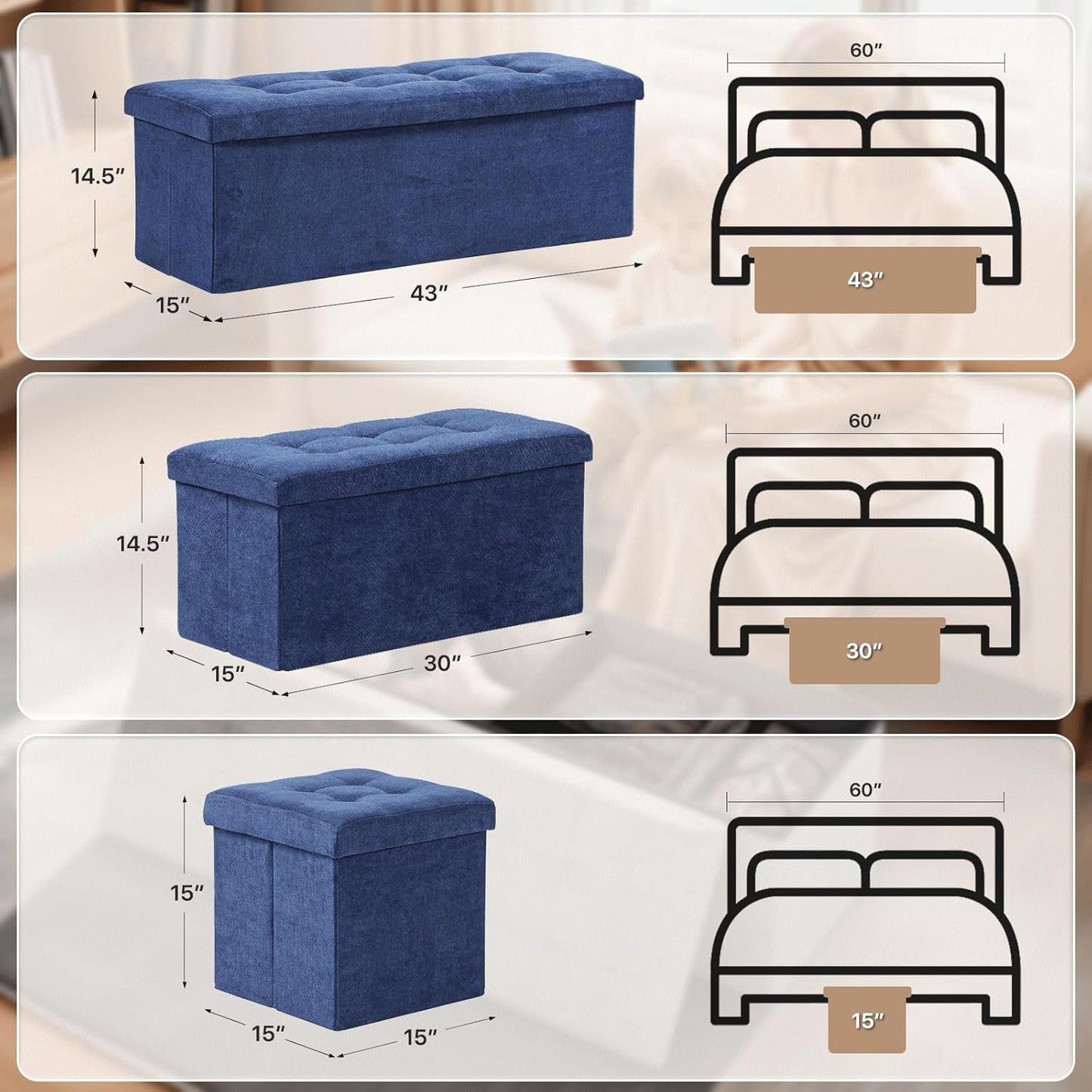 NEW Navy Blue Folding Storage Ottoman Organizer 43Inch
