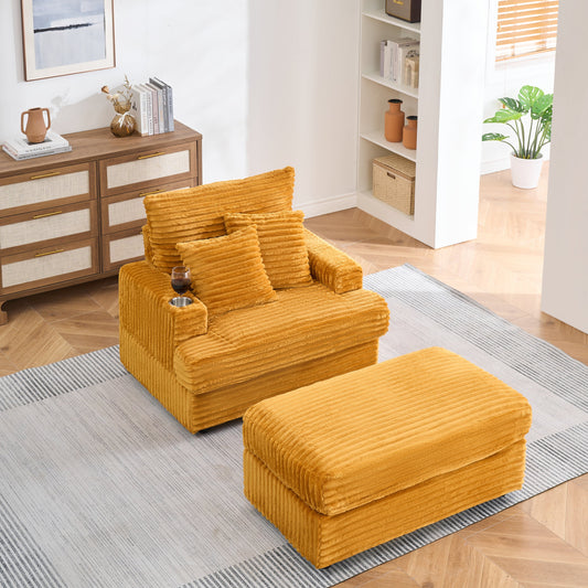 NEW 39-inch Corduroy Fabric Spring Upholstered Comfortable Single Sofa Armchair and Ottoman Set with Cup Holder