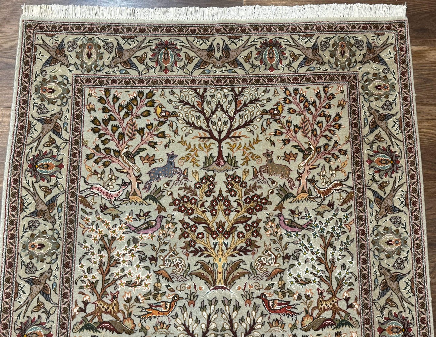 USED Wonderful Persian Tabriz Rug 3x5, Tree of Life, Animal Pictorials, Birds, Wool & Silk Highlights, Fine 330 KPSI