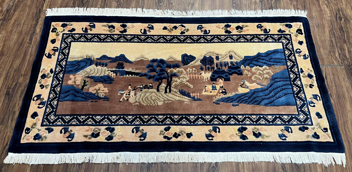 USED Antique Chinese Pictorial Rug 2.7 x 5, Chinese Village and Hills Carpet, Beige and Dark Blue, Handmade, Horizontal Rug Wall Hanging Tapestry