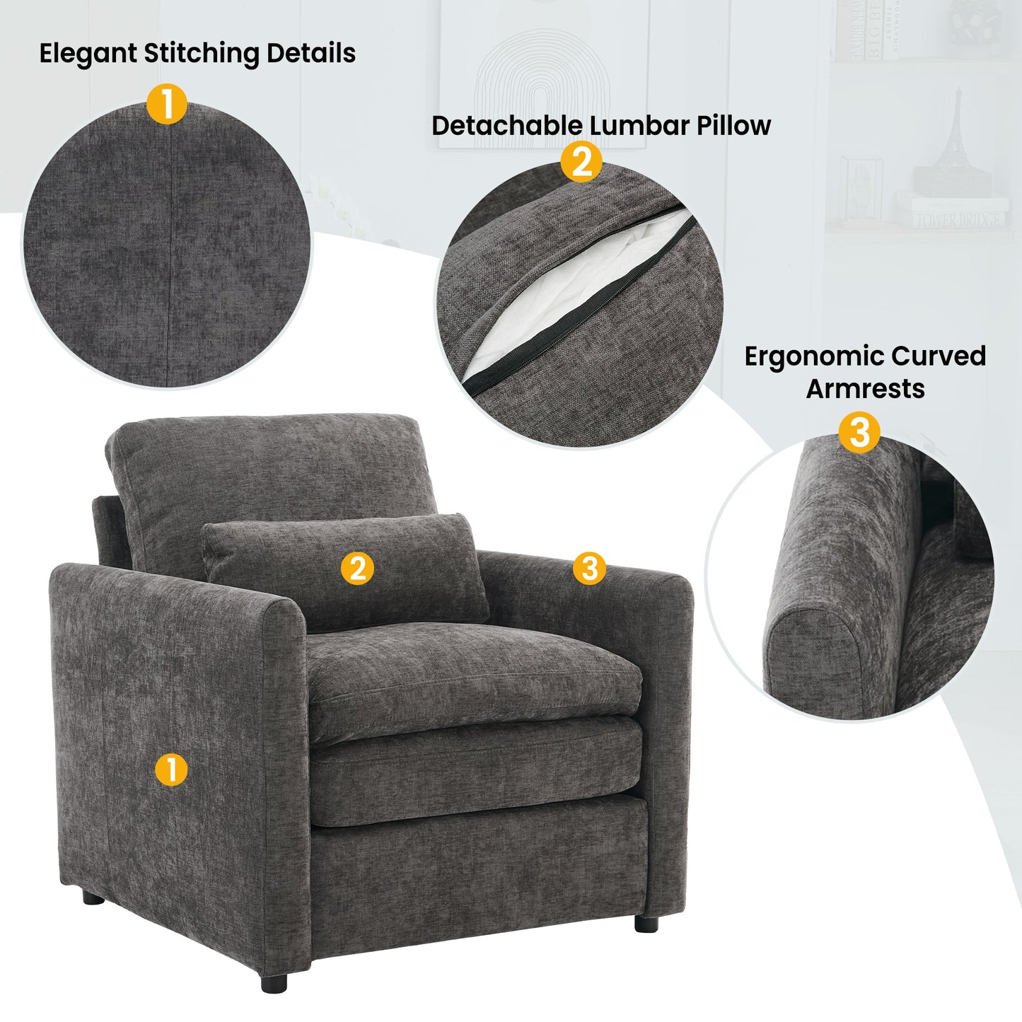 NEW Cozy Upholstered Armchair with Double Cushion in Grey Chenille, 31.9 Inches