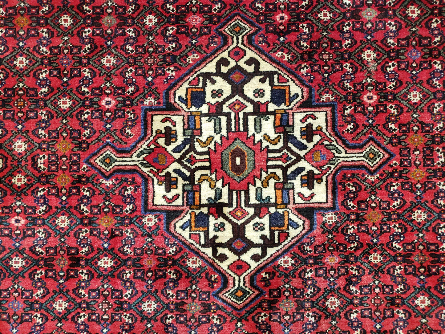 USED Vintage Persian Hamedan Rug 7x10, Angelas Mahi Pattern, Red, Wool, Hand-Knotted