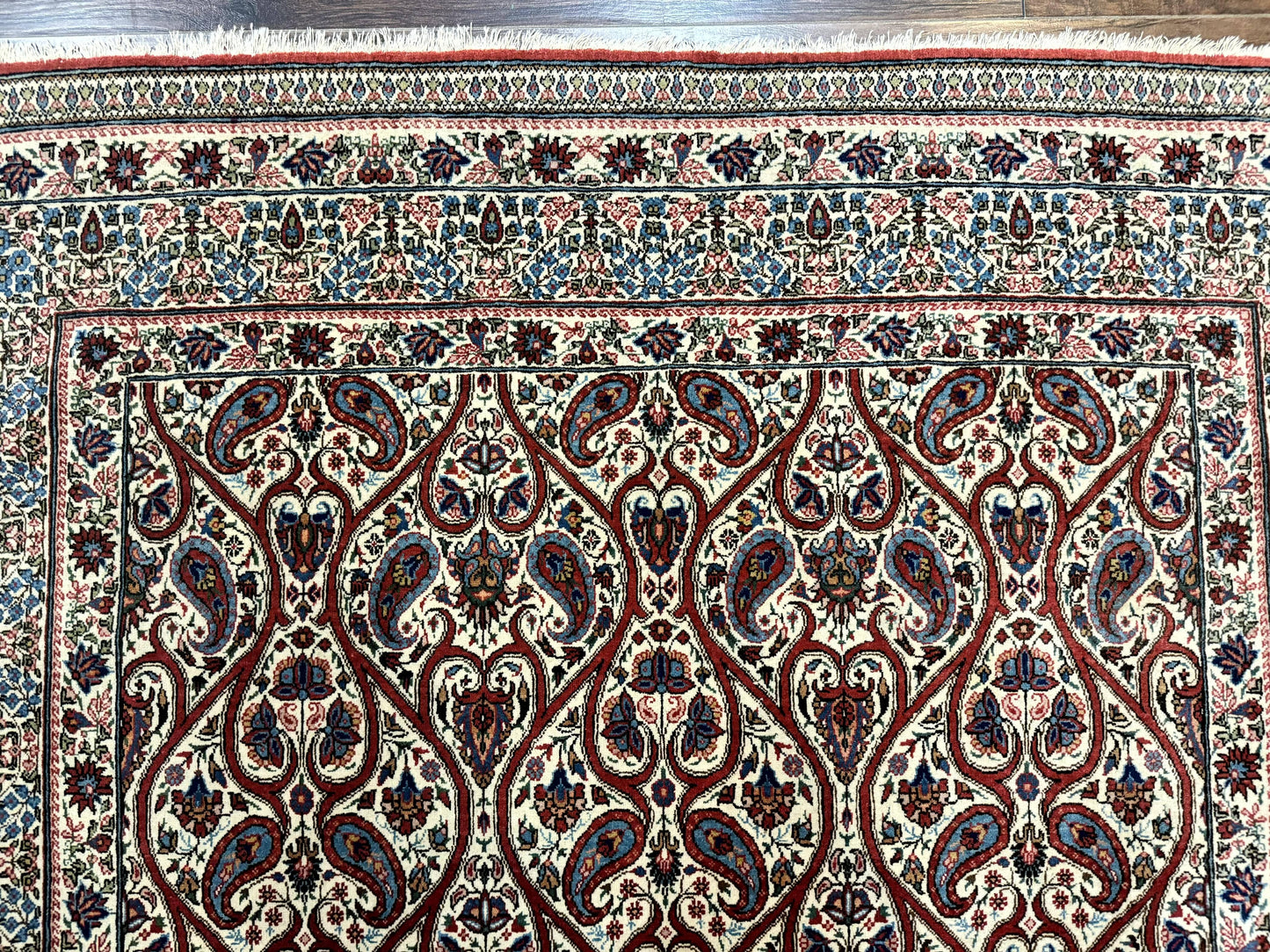 USED Unique Persian Qum Rug 5x7, Repeated Paisely Boteh Design, Ivory Red Blue, Handmade Antique Wool Persian Carpet, Finely Hand Knotted