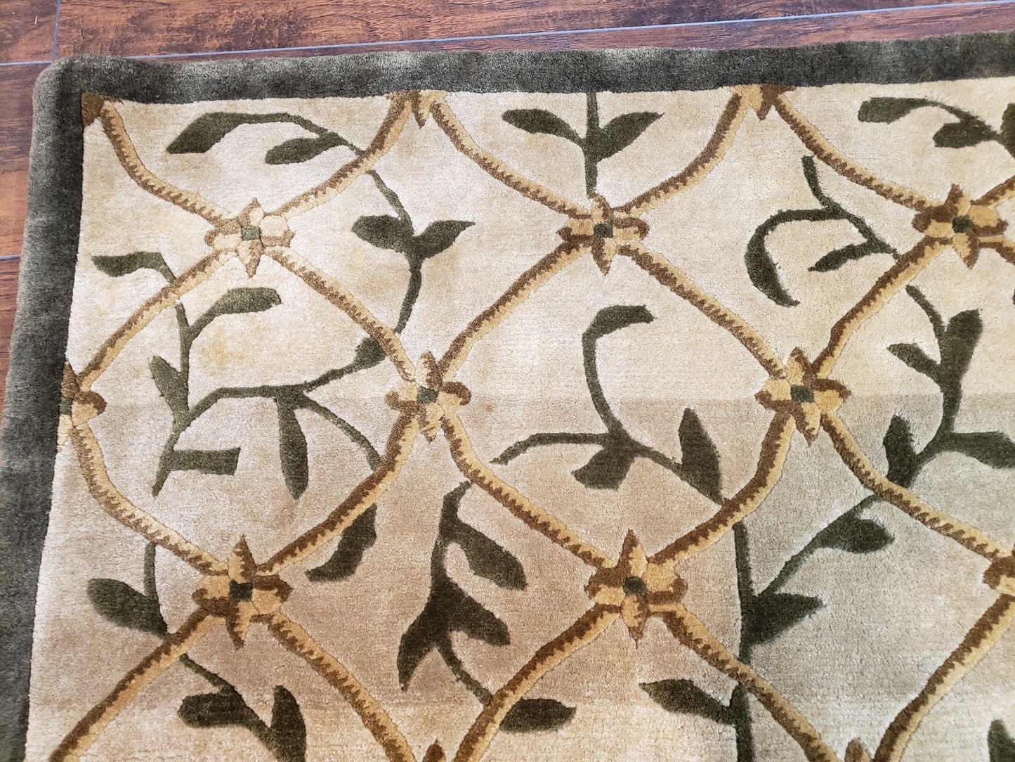 USED Vintage Tibetan Nepalese Area Rug 9x12, Wool Hand-Knotted, Beige Nepali Soft Pile Carpet, 9 x 12 Living Room Modern Dining Room Rug