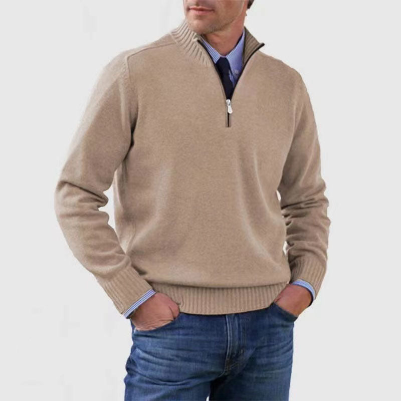 New Men's Stand Collar Zipper Sweater Winter Fashion Solid Color Long Sleeve Knitted Top Clothing