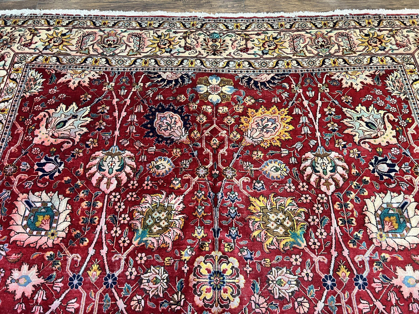 USED Persian Tabriz Rug 10x12, Floral Allover, Handmade Vintage Wool Carpet, Red and Cream