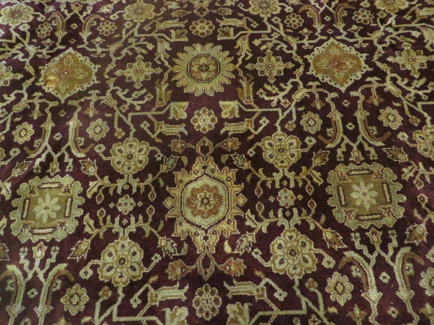USED Indian Agra Rug 10x14 Vintage Handmade Larastan Wool Carpet Maroon Floral