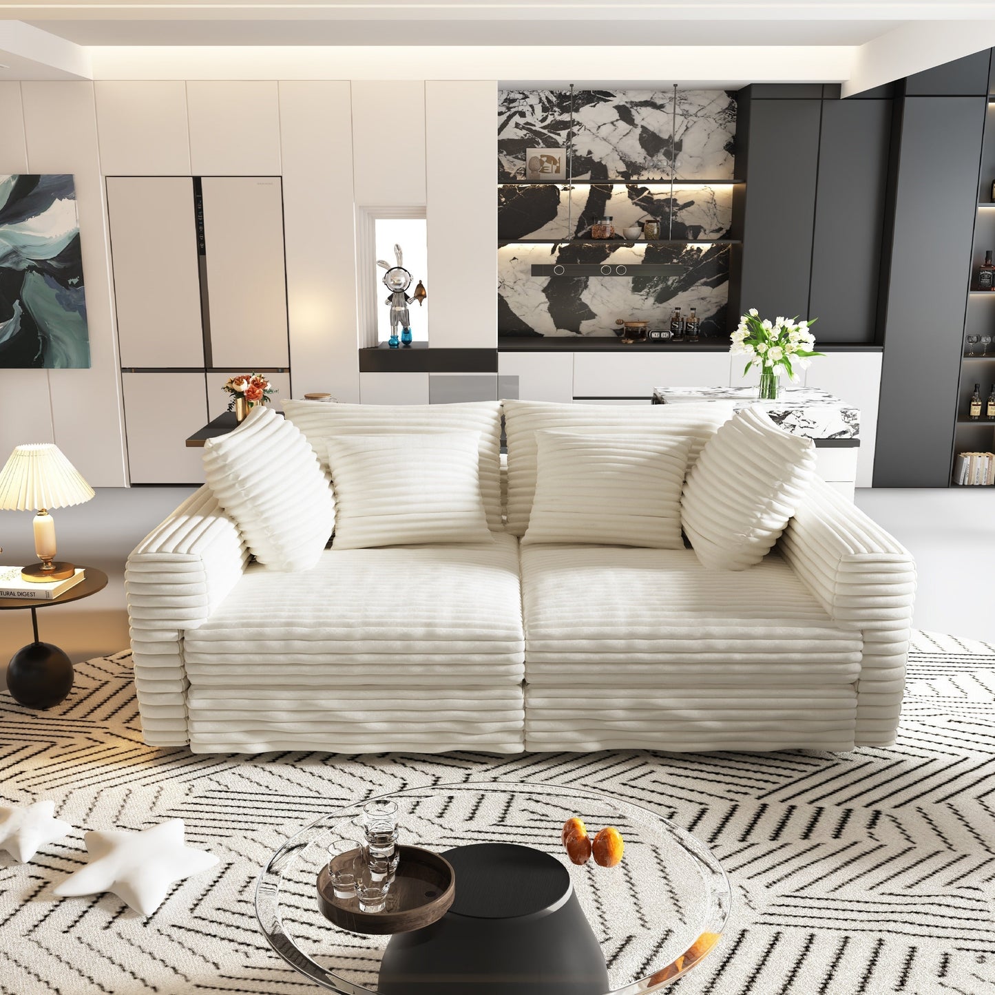 NEW 102.4' Plush Corduroy 4-Seat Beige Modern Comfy Upholstered Sofa Cloud Deep Seat Couch