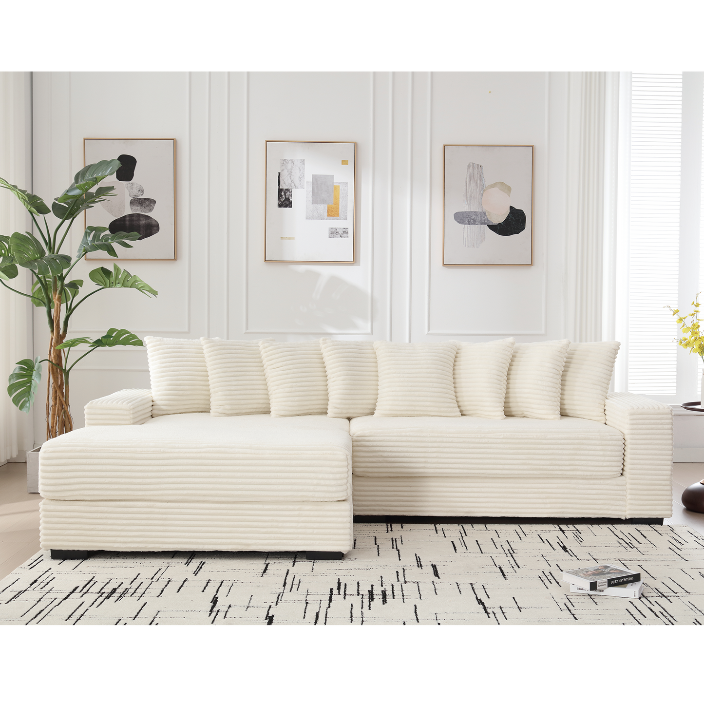 NEW Oversized Two-Piece  Couches,  L Shaped Sofa, Corduroy, Left Chaise Daybed,with Armrests,Eight Throw Pillows,Corner Sofa,Easy To Assemble, Beige