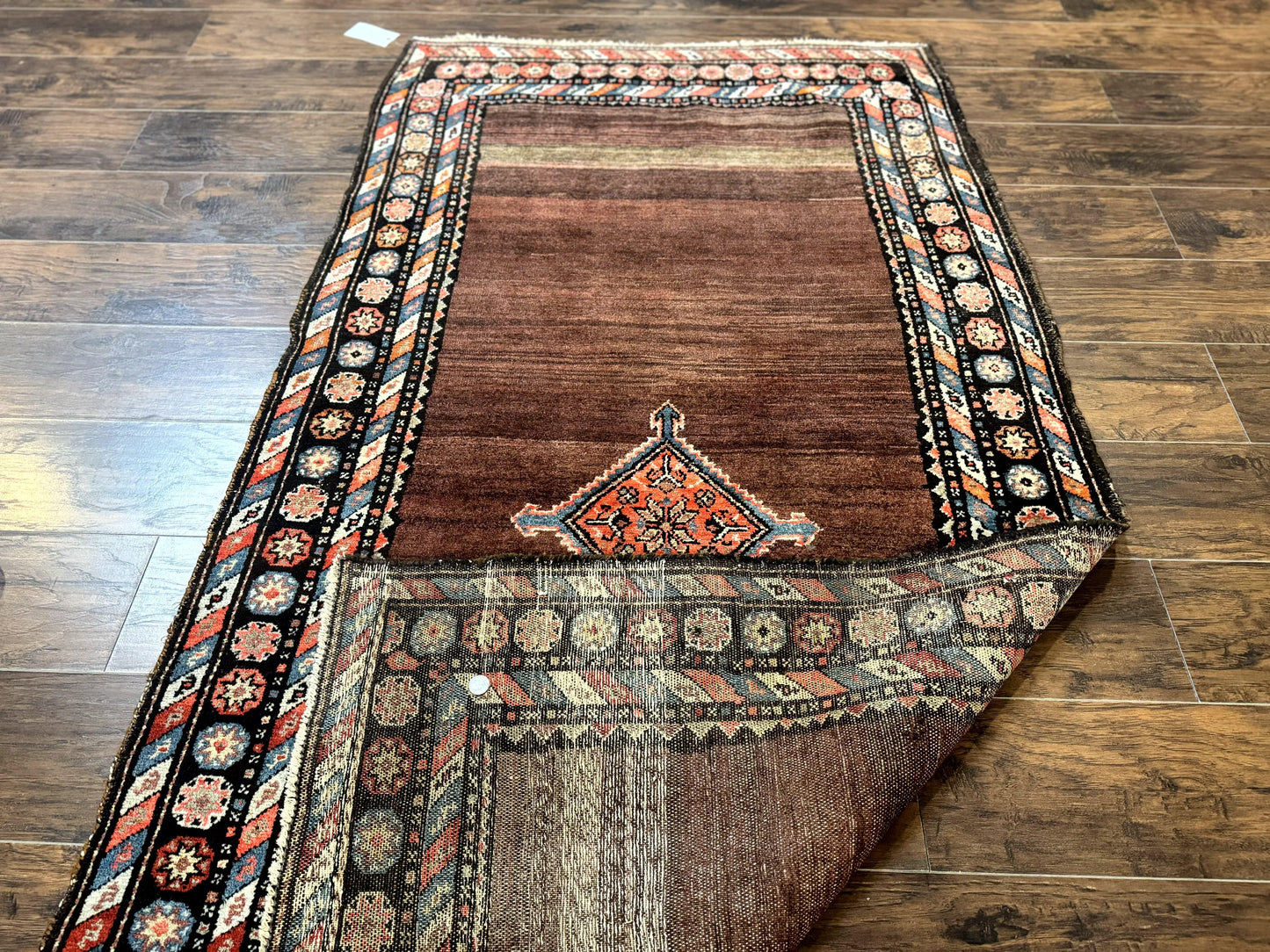 USED Antique Persian Rug 4x7, Sarab Tribal Wool Carpet, Brown and Multicolor, Handmade Wide Runner Rug 4 x 7, Open Field, Rainbow Border
