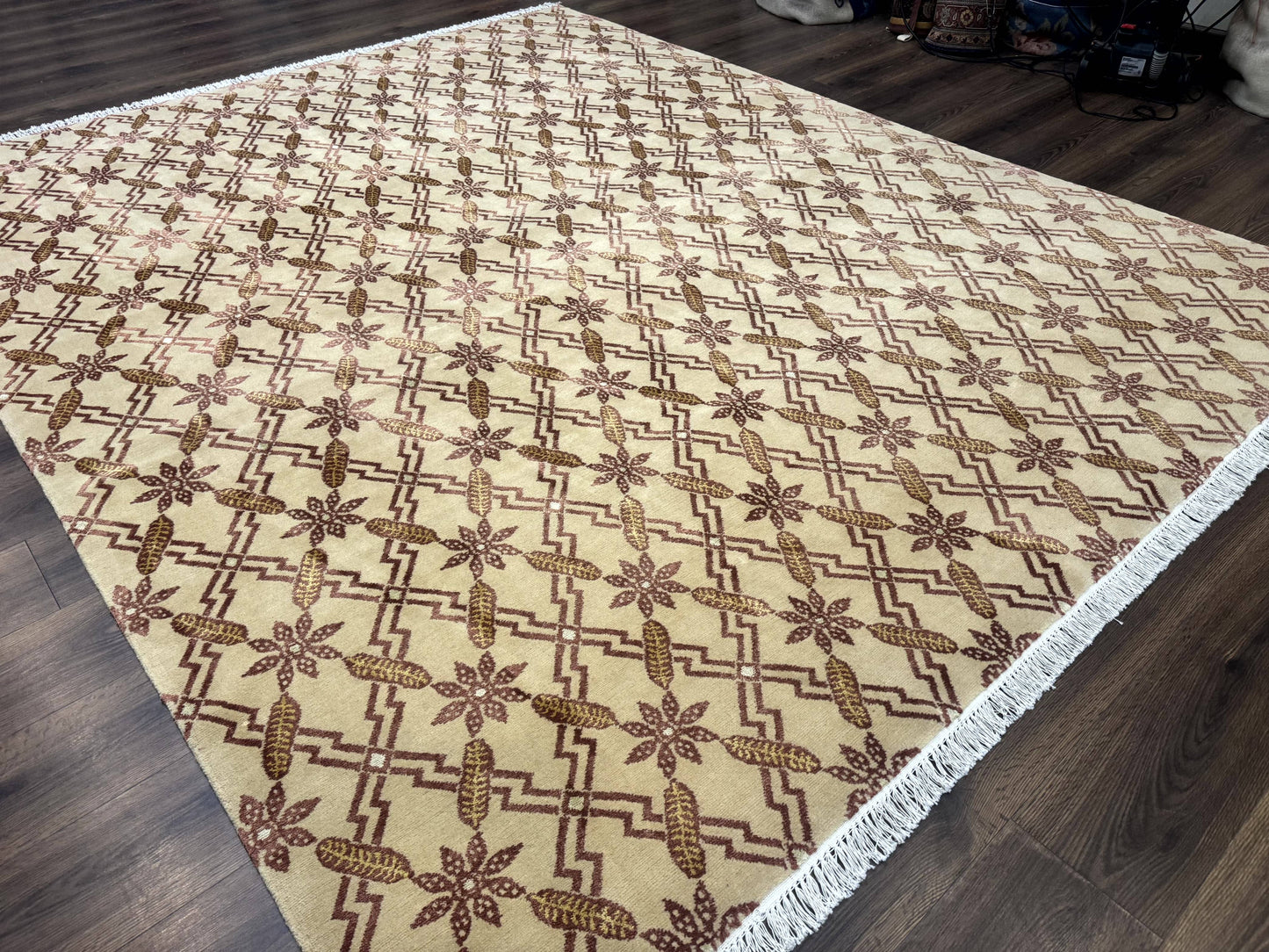 USED Tibetan Rug 8x10, Wool with Silk Highlights, Beige and Maroon, Contemporary Carpet