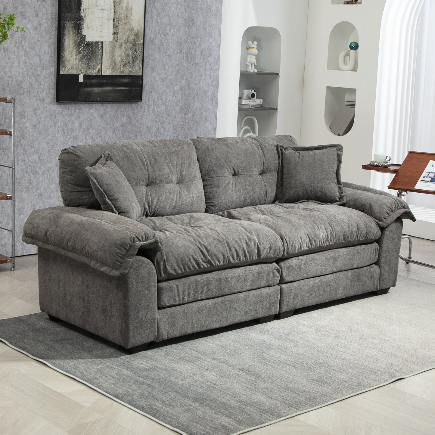 NEW 84' Grey Chenille Small Loveseat Deep Seat Sofa Couch with 2 Throw Pillows & Memory Foam