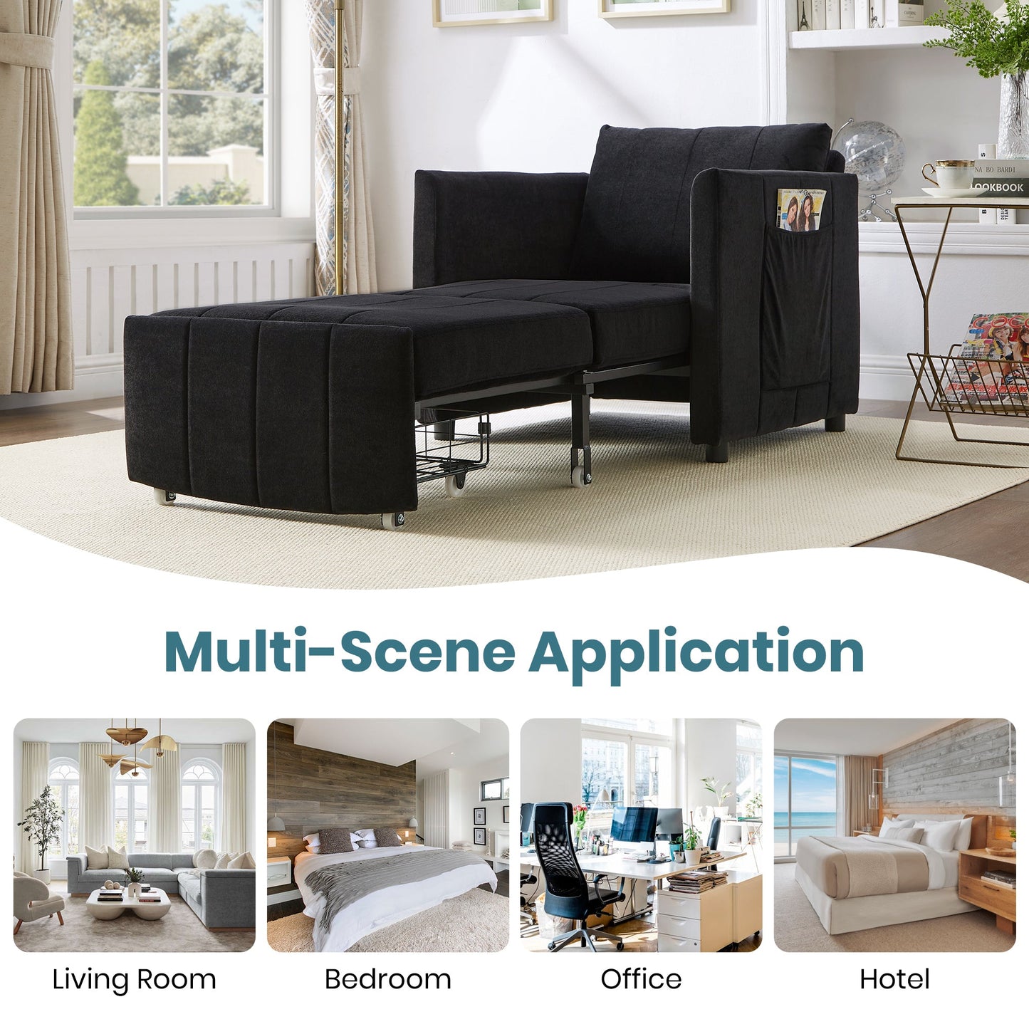 NEW Black Chenille Upholstered Convertible Sleeper Sofa with 5-Position Backrest Side Pockets Storage