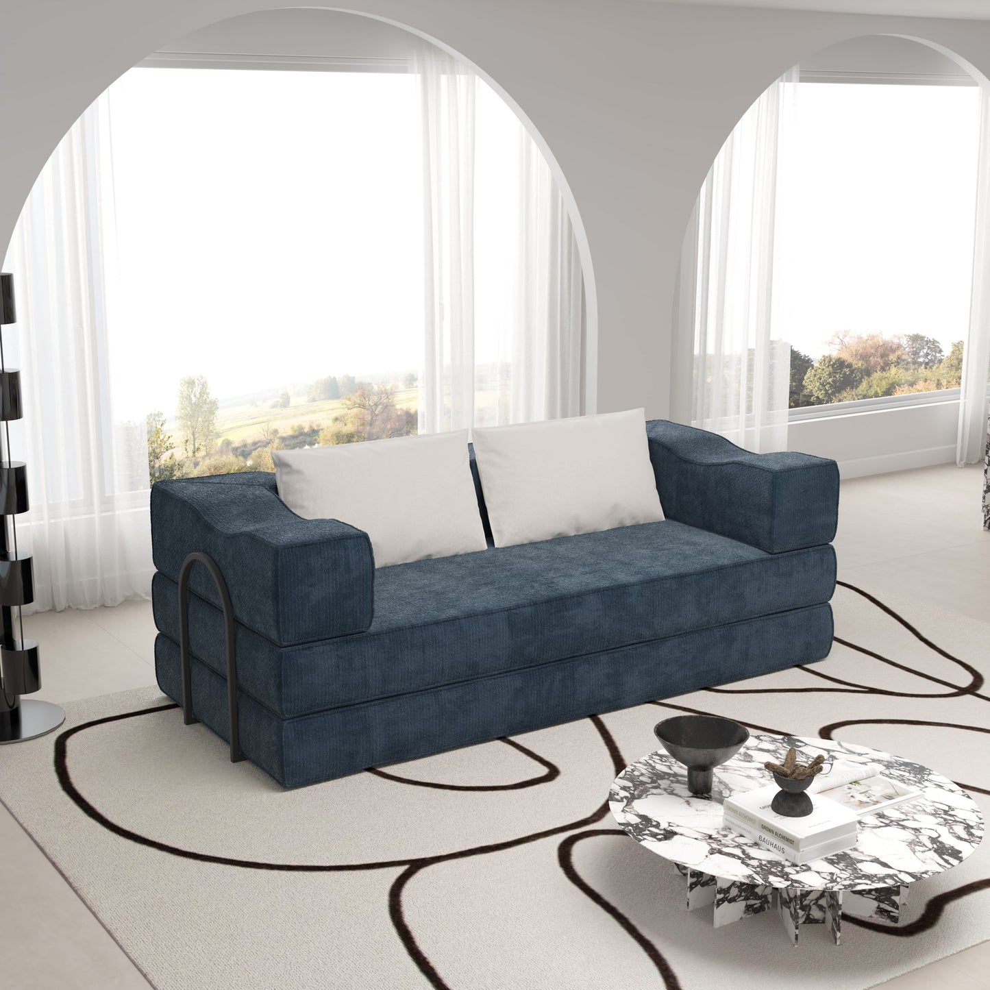 NEW 80' Convertible Couch Bed with 2 Pillows, 3-Seat Folding Floor Couch & King Size Bed Mattress, DIY Combination,Chenille,Blue