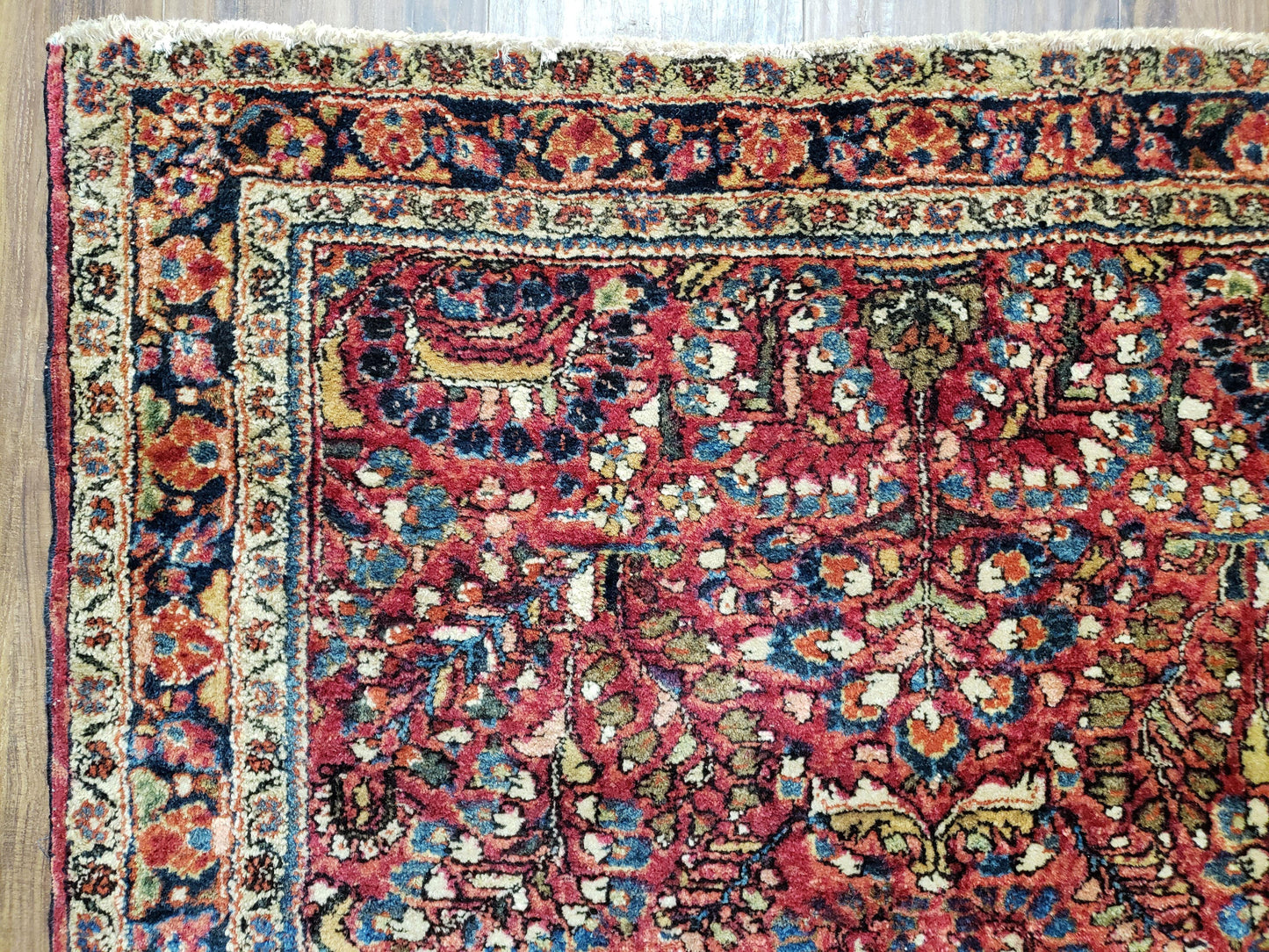 USED Antique Persian Sarouk Rug, Red, Allover Floral Pattern, Hand-Knotted, Wool, 3'4" x 4'10"